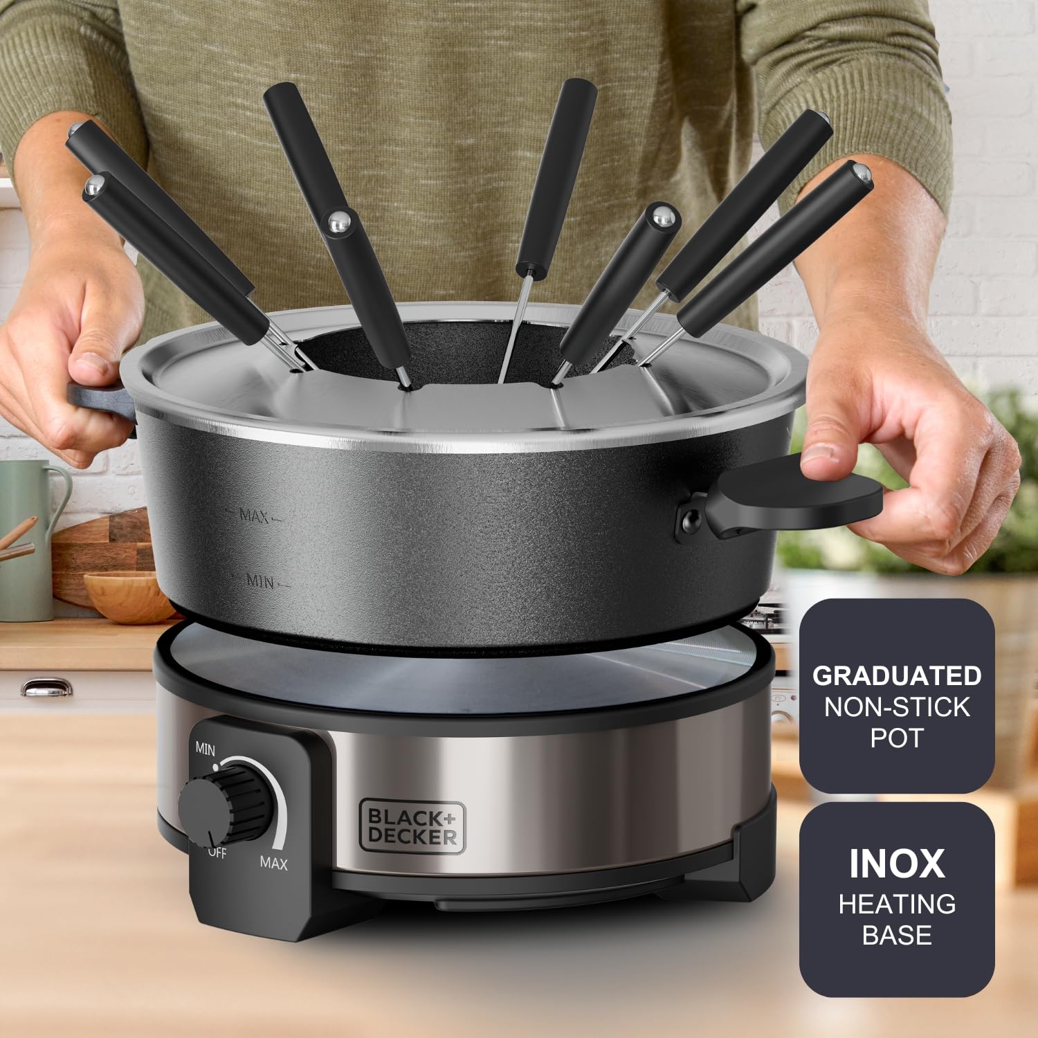 BLACK+DECKER - Fonduegerät 1000 W | 2 L | Temperaturregler bis 200°C | Schokolade, Käse, Brühe & Öl | Antihaft ohne PFOA | 8 Fonduegabeln | Kühler Griff | Spülmaschinenfest