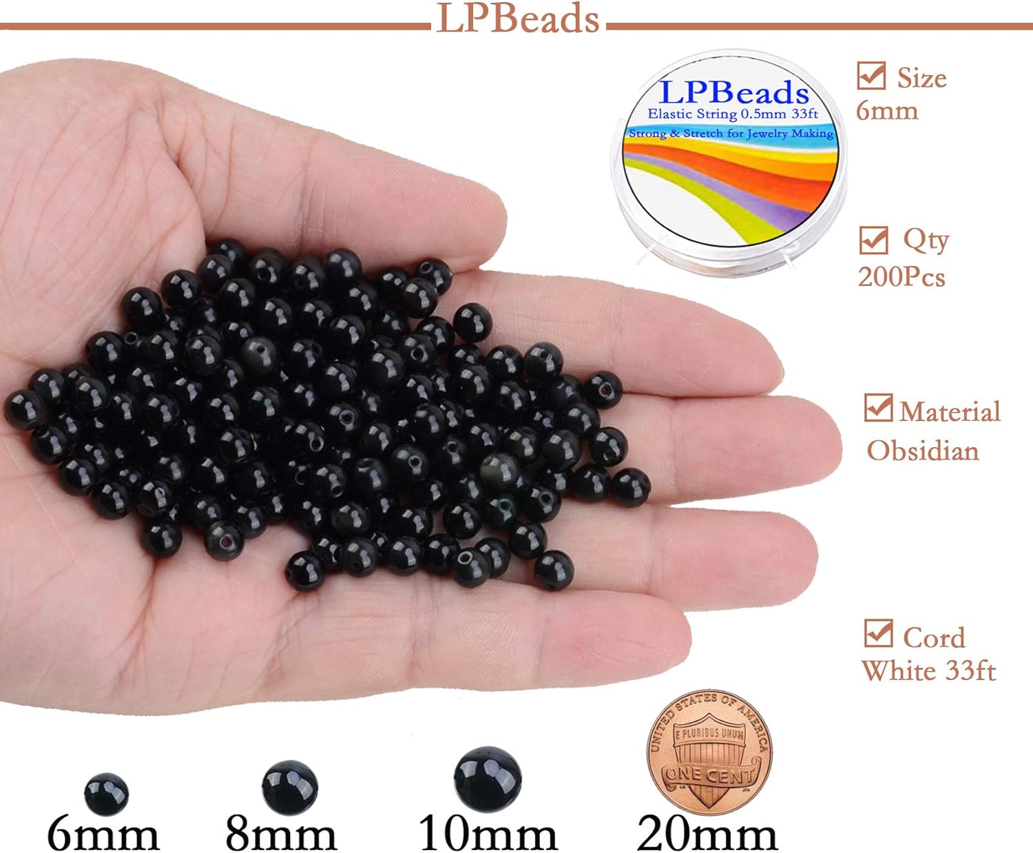 LPBeads 200Pcs Polished 6mm Round Natural Black Obsidian Gemstone Loose Beads with Stretch Cord for Jewelry Making Bracelets - Image 2
