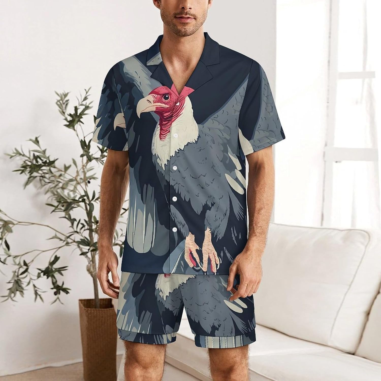 Flying Vulture Men's Short Sleeve Pajama Set Satin Silk Like Lounge Sleepwear
