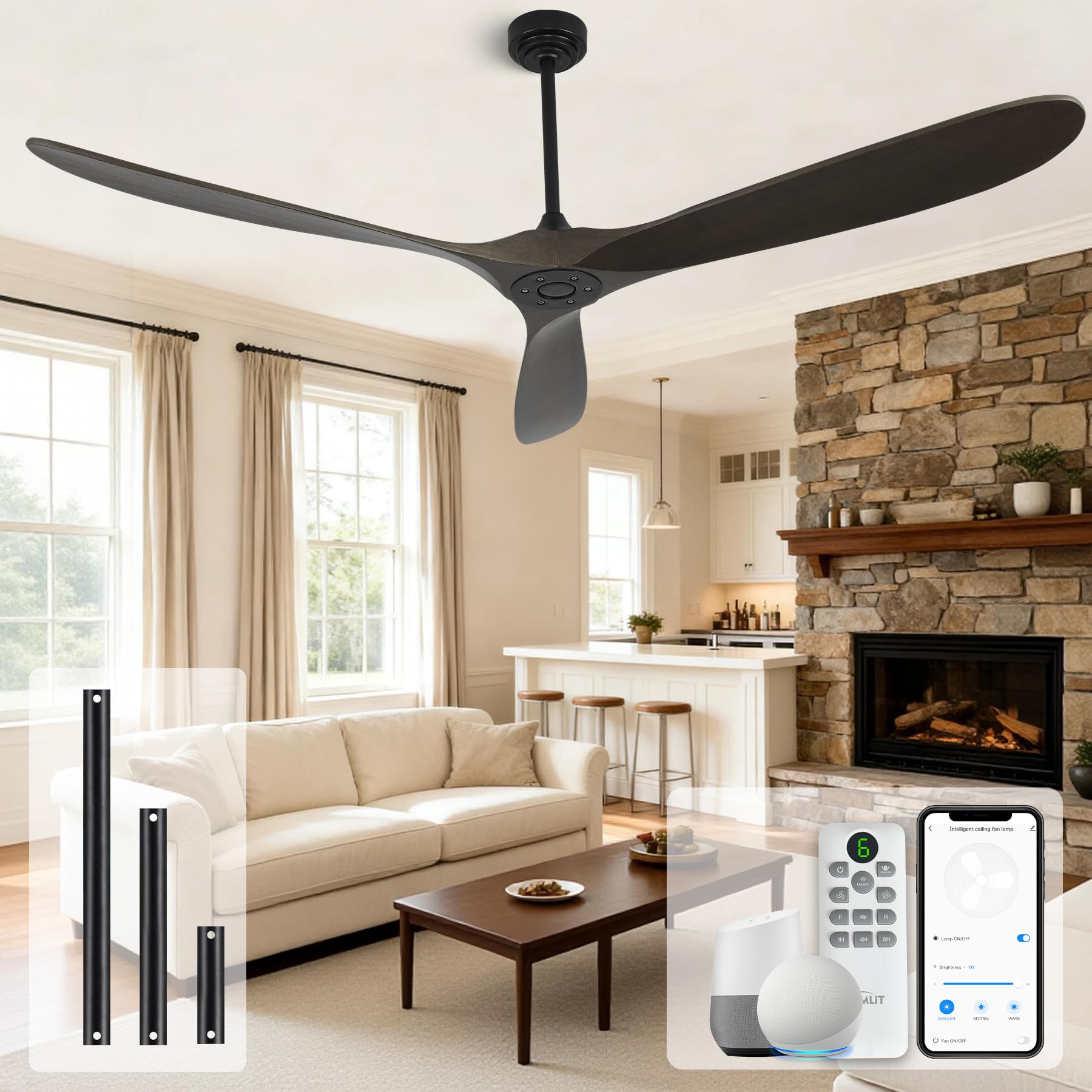 Homlit Ceiling Fan Without Light, 72 Inch Smart Wood Ceiling Fan no Lights, Compatible with Alexa/Google, 3 Natural Walnut Blades, Remote, Quiet Reversible DC Motor for Indoor Outdoor, Dark Brown