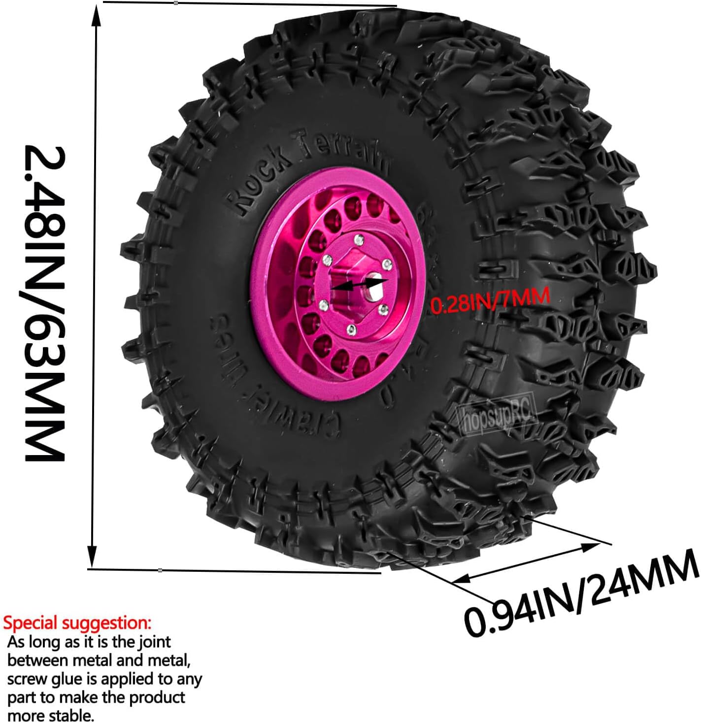 1.0 Beadlock Wheels Rim&Tires Wheel for 1/18 TRX4m,1/24 SCX24 RC Crawler,1.0‘’ Aluminium RC Wheel Hub Rim Rubber Tires.(4PCS).Pink