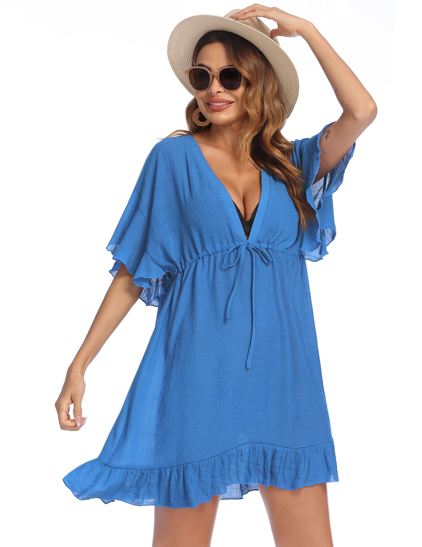 AI'MAGESwimsuit Cover Ups Women's Bathing Suit V Neck Ruffle Sleeve Soft Coverups Dress