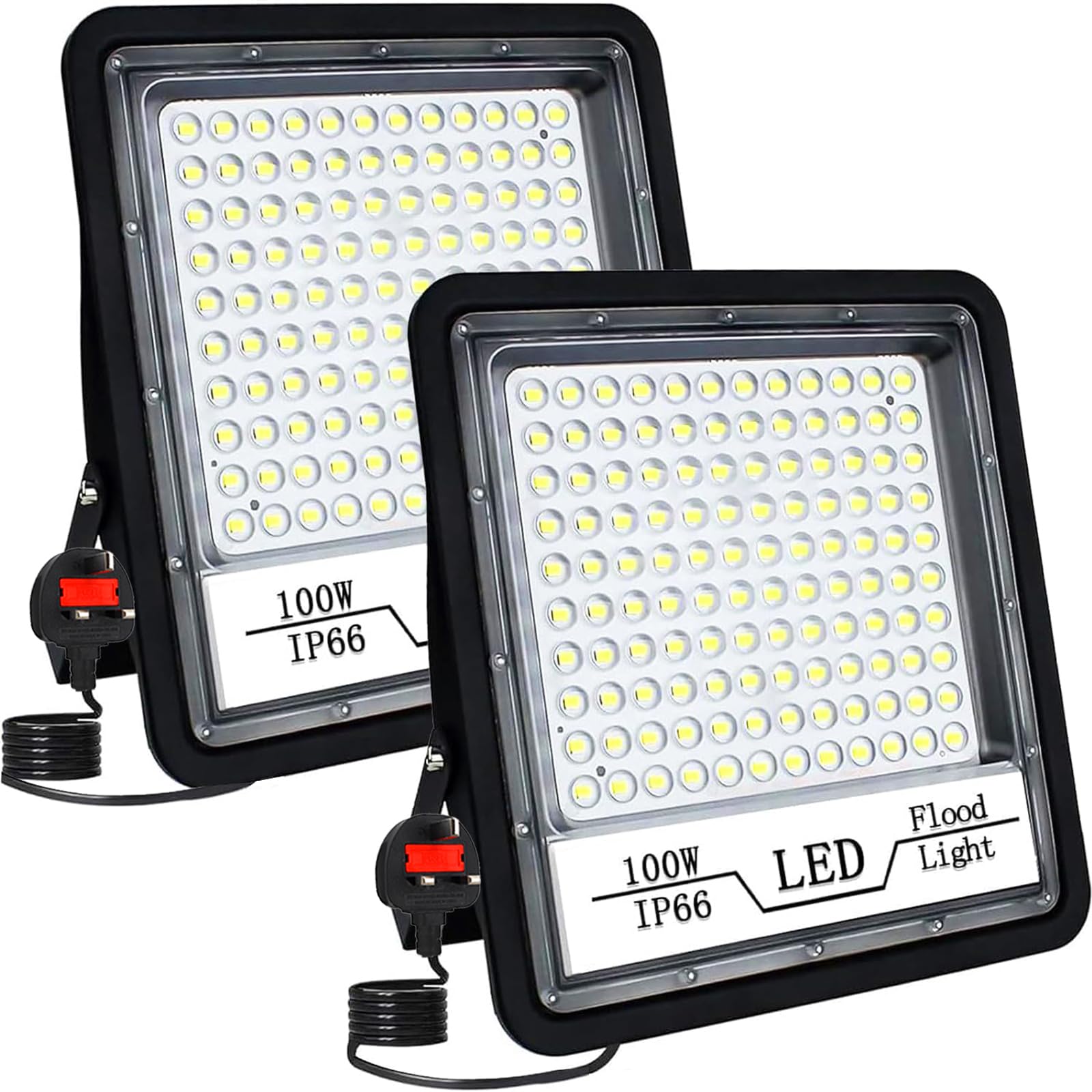 2 Pack 100W LED Flood Light Outdoor, 10000LM Super Bright Led Floodlights with Plug, IP66 Waterproof Exterior Flood Lights, 6500K Security Light for Patio, Backyard, Lawn, Stadium, Playground