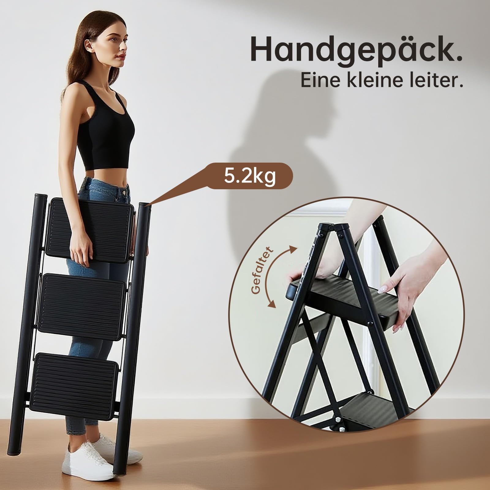 Escalera plegable en 3 peldaños, portátil, capacidad de 250 kg, con pedal ancho antideslizante, para el hogar, cocina, oficina, garaje