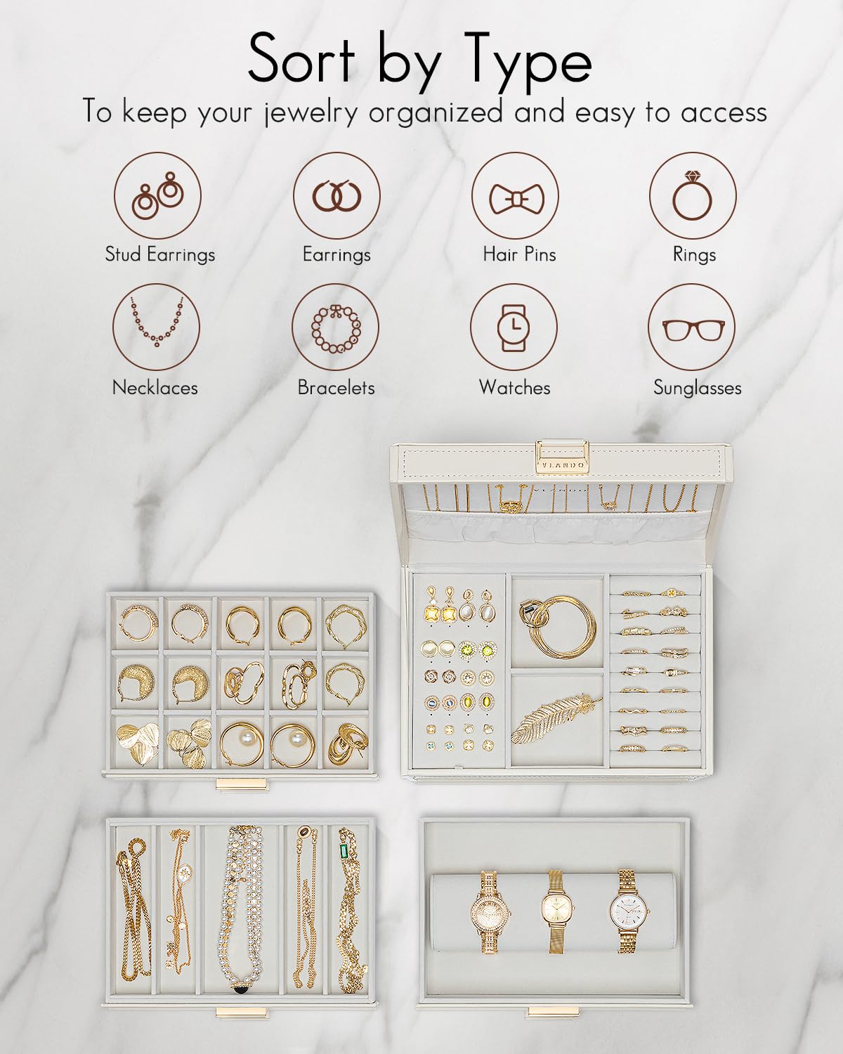 VLANDO Modern Schmuckkästchen Groß,Schmuckaufbewahrung mit 4 Ebenen,Schmuckschatulle Damen, für Ohrringe, Ringe Schmuck Aufbewahrung, mit Schubladen, Spiegel, Uhrenkissen, Geschenk für frauen