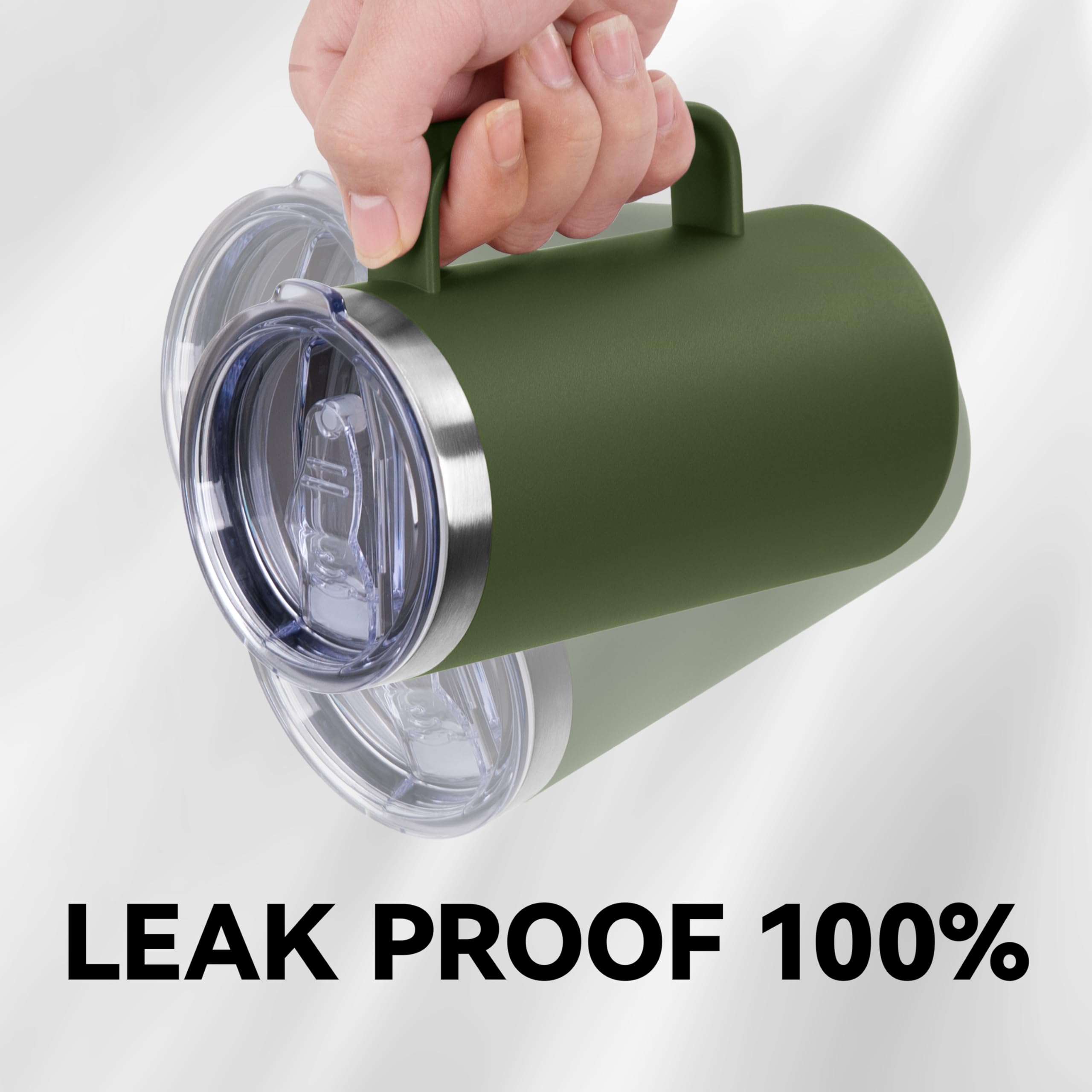 DOMICARE Taza de café de acero inoxidable de 24 onzas con asa y tapa, taza de viaje con asa, vaso de café al vacío de doble pared, taza aislada reutilizable, verde militar, paquete de 4