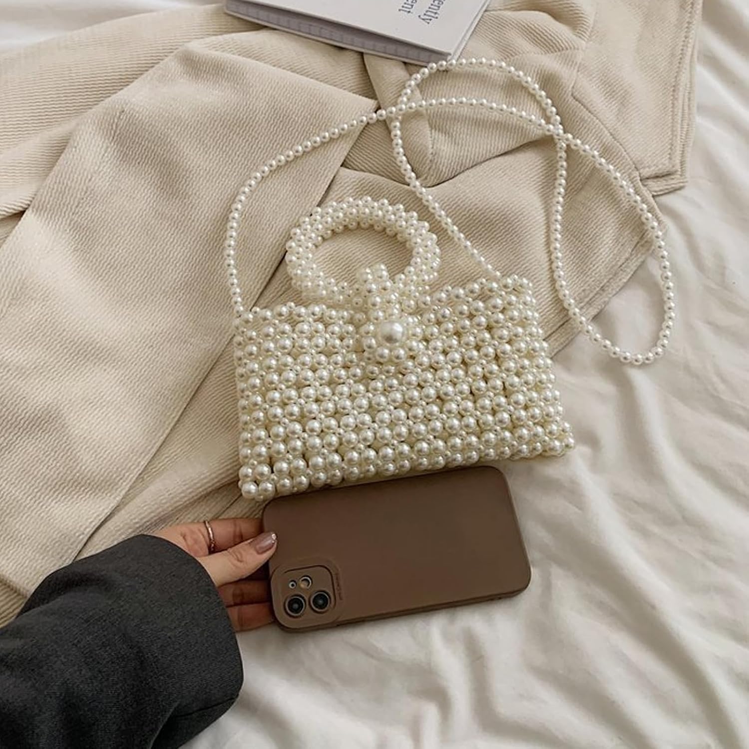 SHESRA Luxury Pearl Bag Chain Bag Purse Bags, Artificial Pearl Clutch Crossbody Handmade Bags Evening Bags for Party Wedding Bridal Party Travel Prom 21