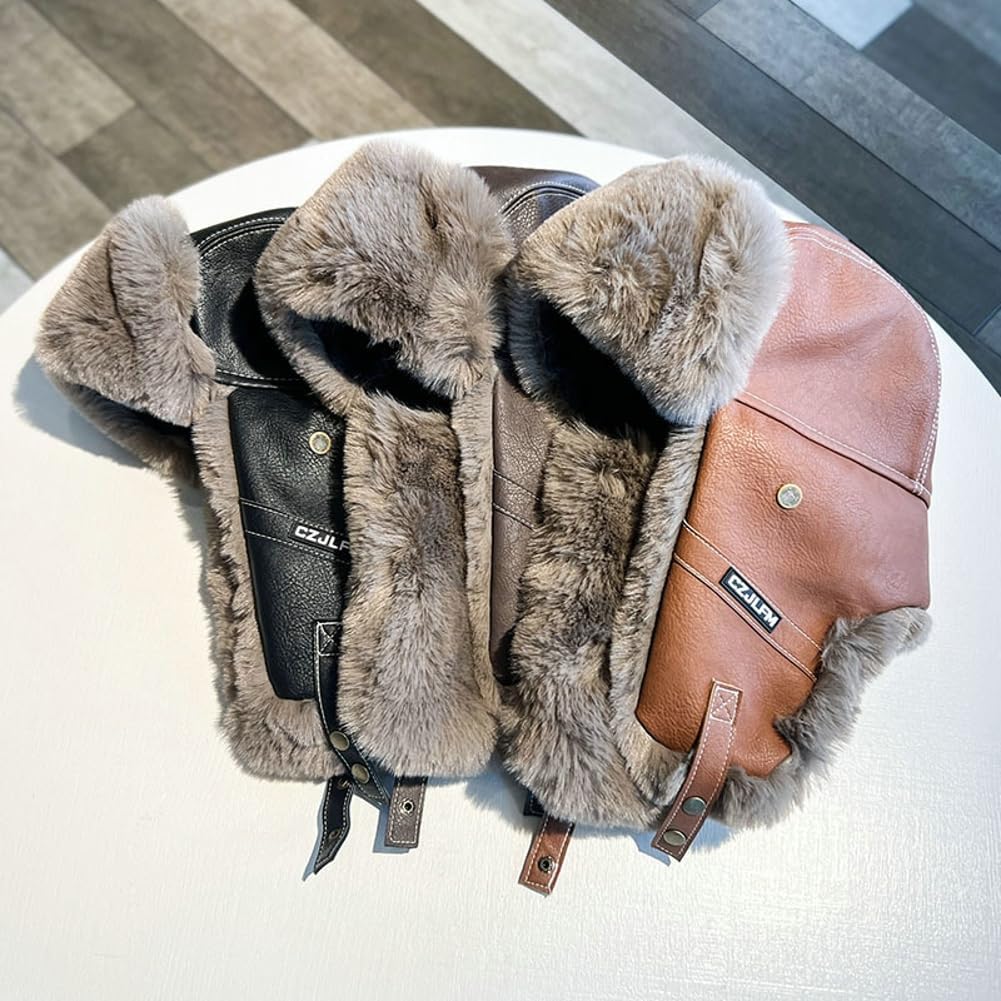 Leather Aviator Trapper Hats Ushanka Men Women Winter Windproof Earflap Faux Fur Lining Hat Shearling Hunting Ski Cap