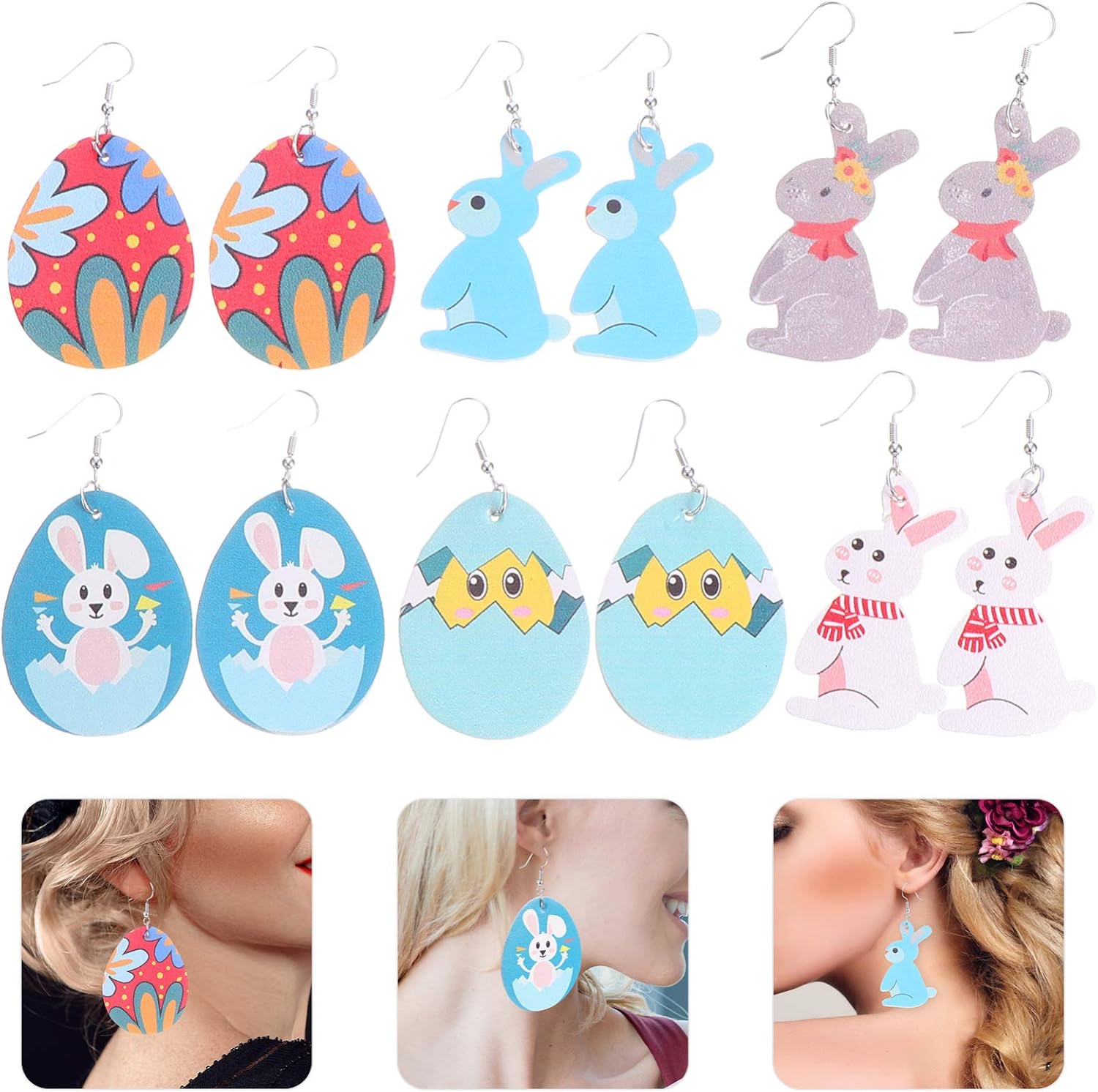 Amosfun 6 works Easter Faux Leather Earrings Lightweight Teardrop Easter Egg Bunny Dangle Earrings for Women Girls Party Favor Festival Dressup Jewelry - Image 3