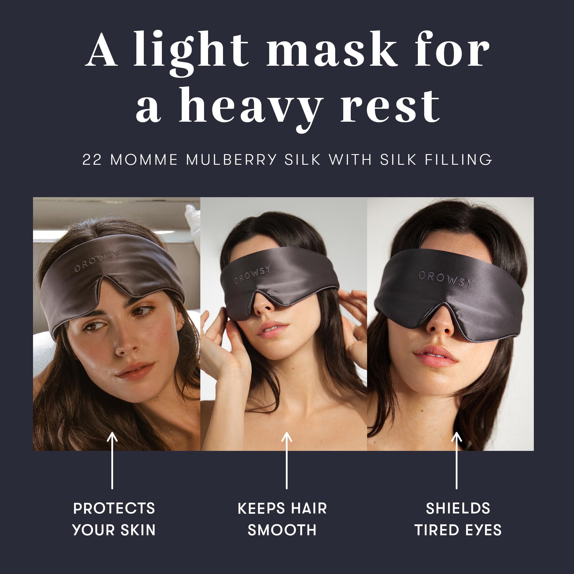 Drowsy Antifaz para dormir de seda de peso pluma, antifaz opaca de lujo para dormir y viajar, 100% seda de morera, comodidad ligera, correa ajustable, protege la piel y el cabello, sombra de luz de