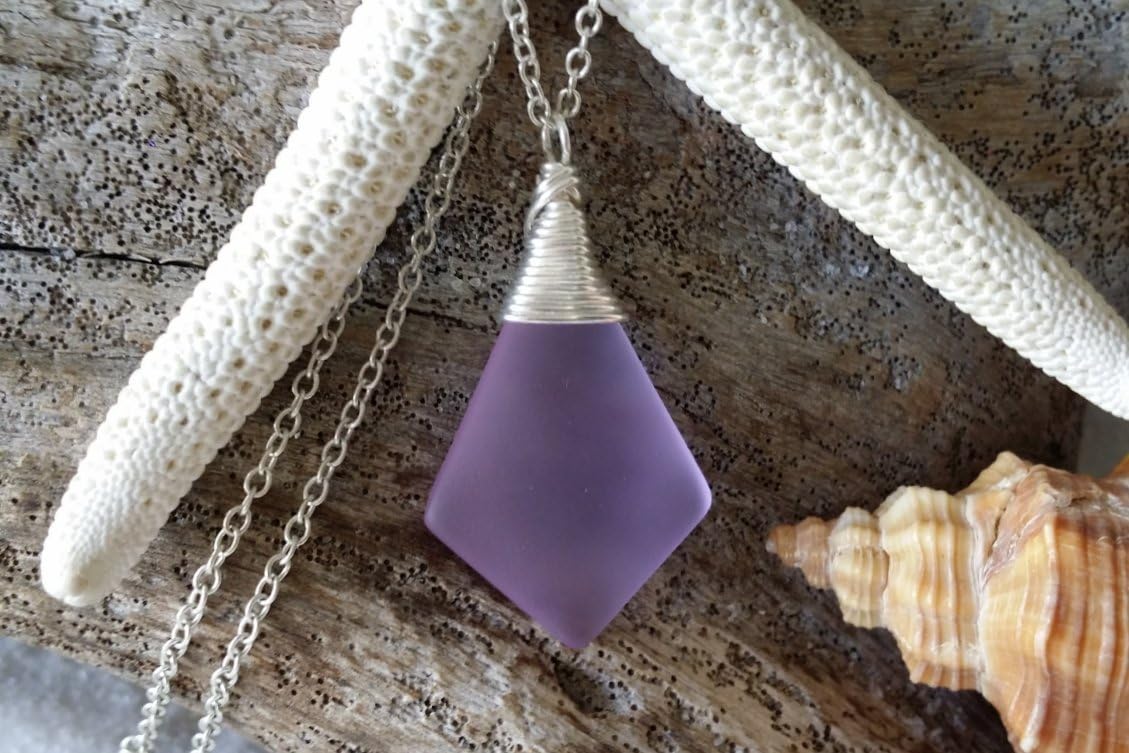 Handmade Sea Glass Necklace, Hawaiian Jewelry for Women,Top Wire Magical Color Changing Purple Necklace, Sea Glass Jewelry For Birthday Gift For Women(February Birthstone)