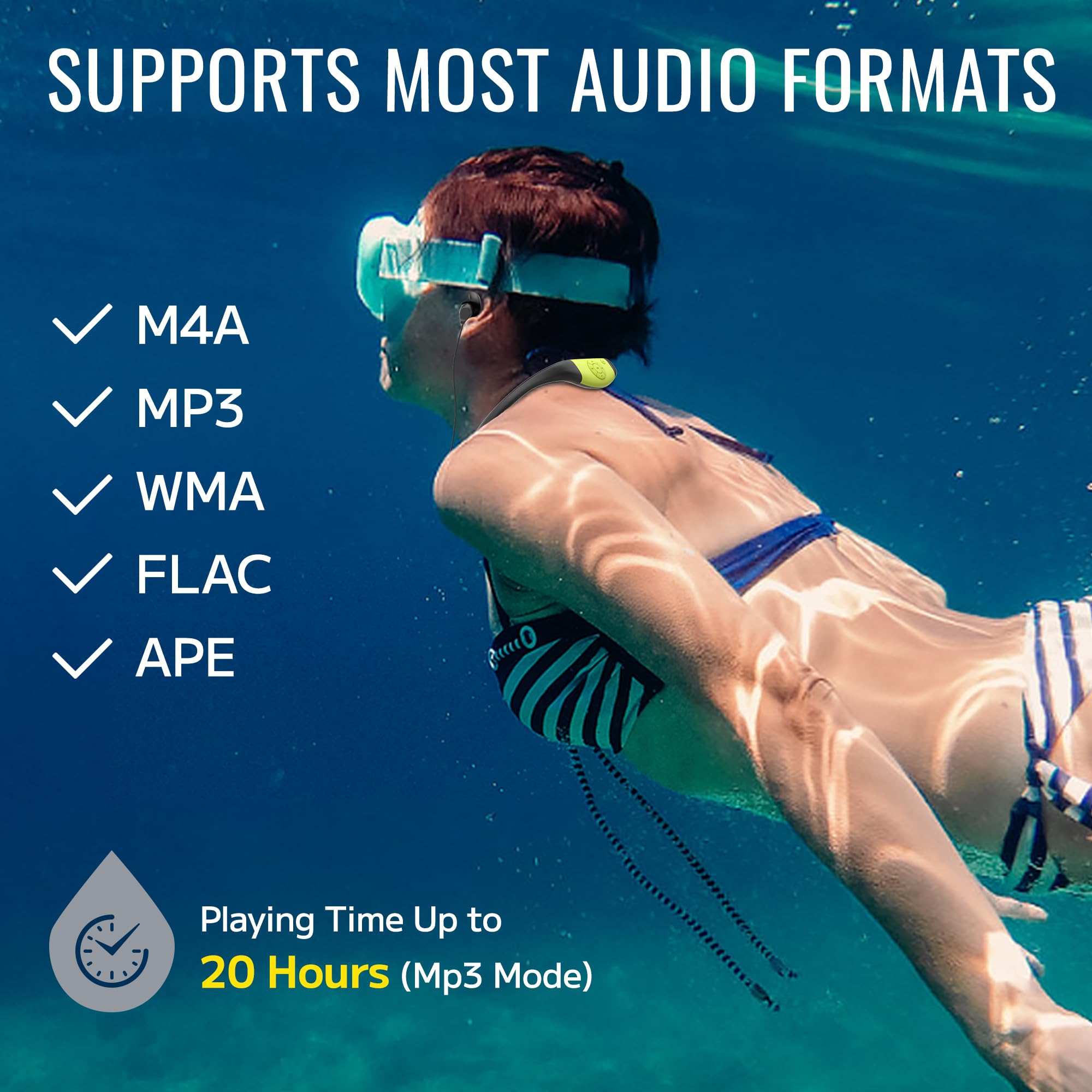 Tayogo Lecteur Mp3 de Natation étanche, Casque de Natation IPX8 8GB, Lecteur de Musique étanche avec revêtement en Silicone,Durée de Lecture de 20 Heures, Lecteur Mp3 sous-Marin pour la Natation