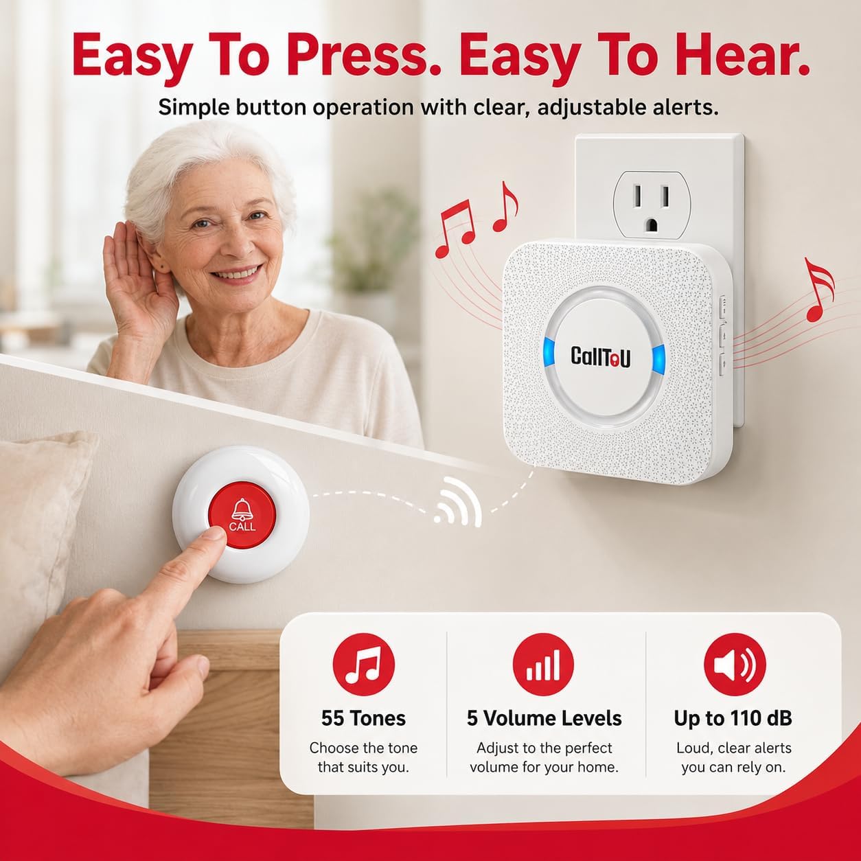 CallToU Caregiver Pager Wireless Chiamata Pulsante Infermiere Sistema di Allarme 500 Piedi per Casa/Anziani/Paziente/Disabili 2 Ricevitore Plugin 1 Trasmettitore Impermeabile