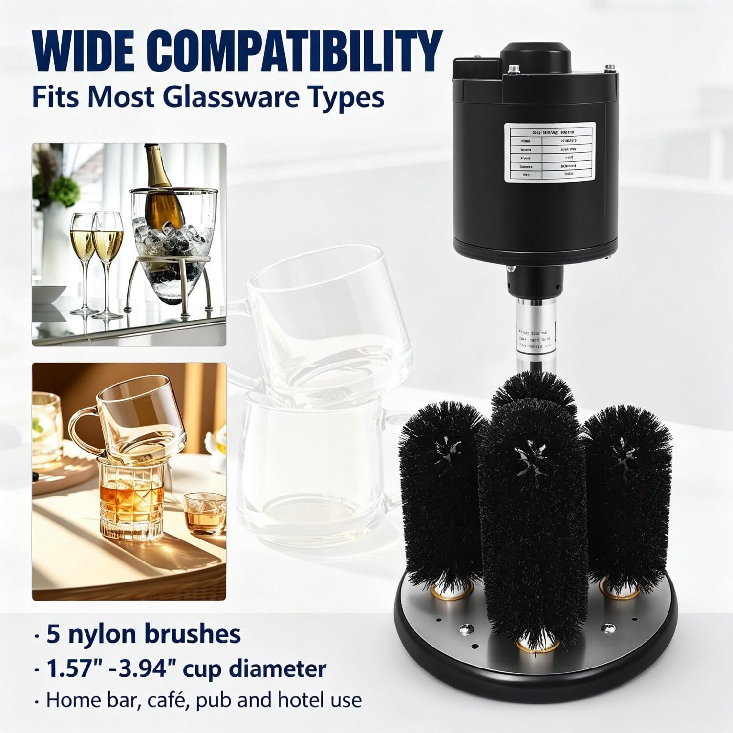Lave-verres commercial robuste, machine électrique de nettoyage pour verres à vin (bars, restaurants, cafés) – Lave-verres professionnel pour chopes à bière, verres à vin rouge et flûtes à champagne.