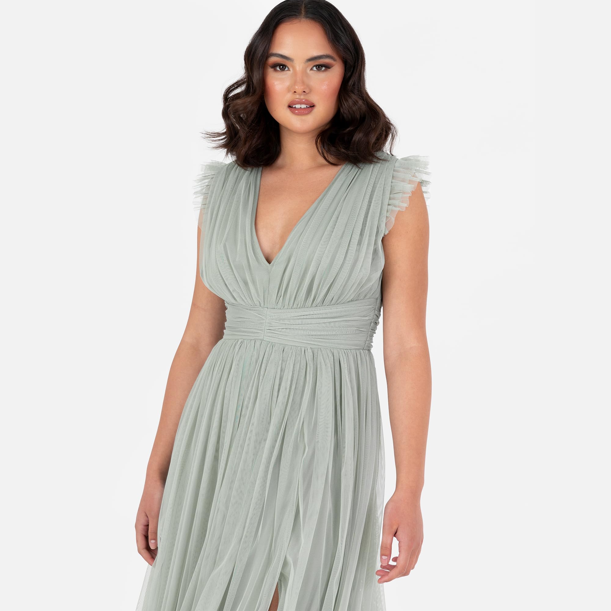 Anaya with Love Damska sukienka maxi damska z dekoltem w serek krótki rękaw split tiul linia A dla gości weselnych wieczór panieński okazja Ball Gown Kobiety, Mrożona zieleń, 42