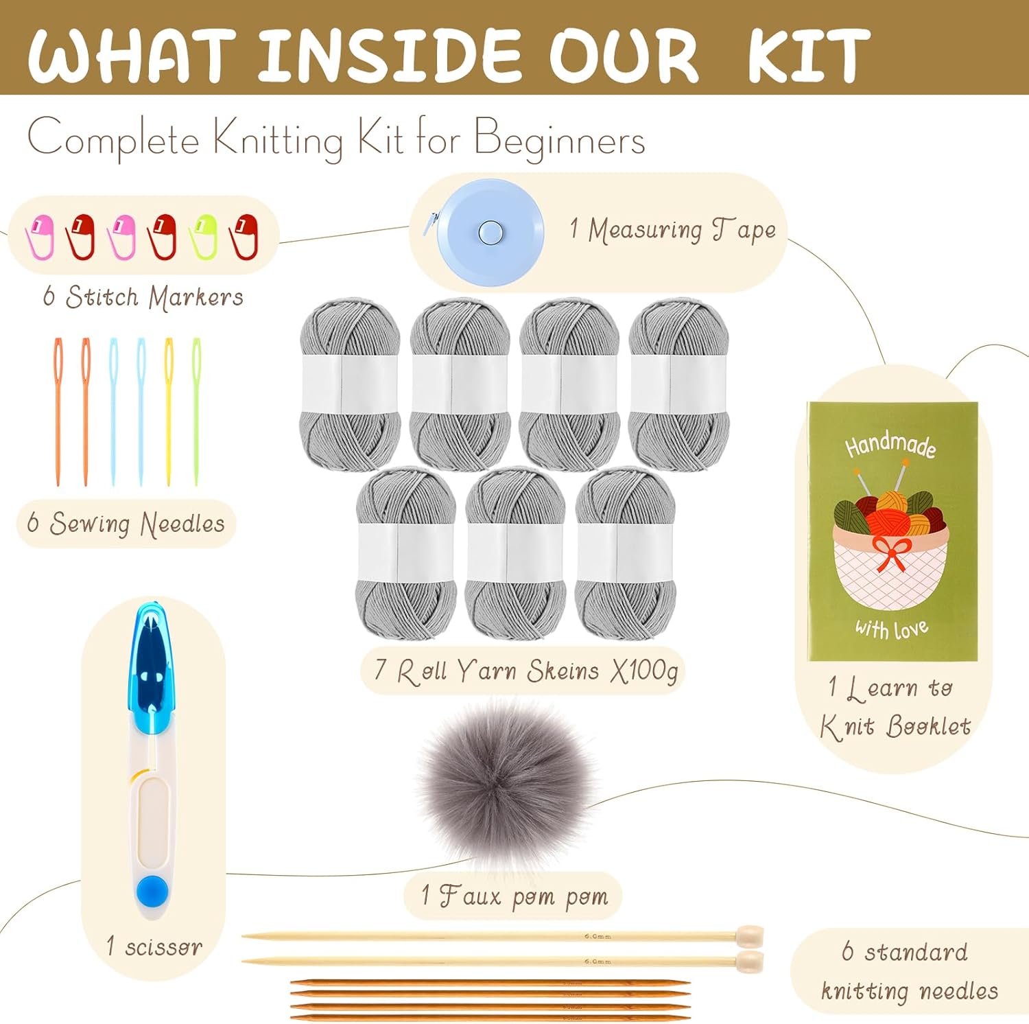 Maasechs Knitting Kit for Beginners, Learn to Knit Kit for Adults, Complete Hat, Scarf, Gloves Starter Bundle with Step-by-Step Instructions Includes Wool Yarn, Needles & Accessories (Gray)