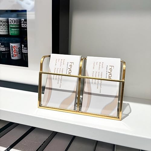 Miniatura 9 de Feyarl Soporte para tarjetas de visita de vidrio dorado, pantalla vertical para tarjetas de visita transparente, organizador de tarjetas de