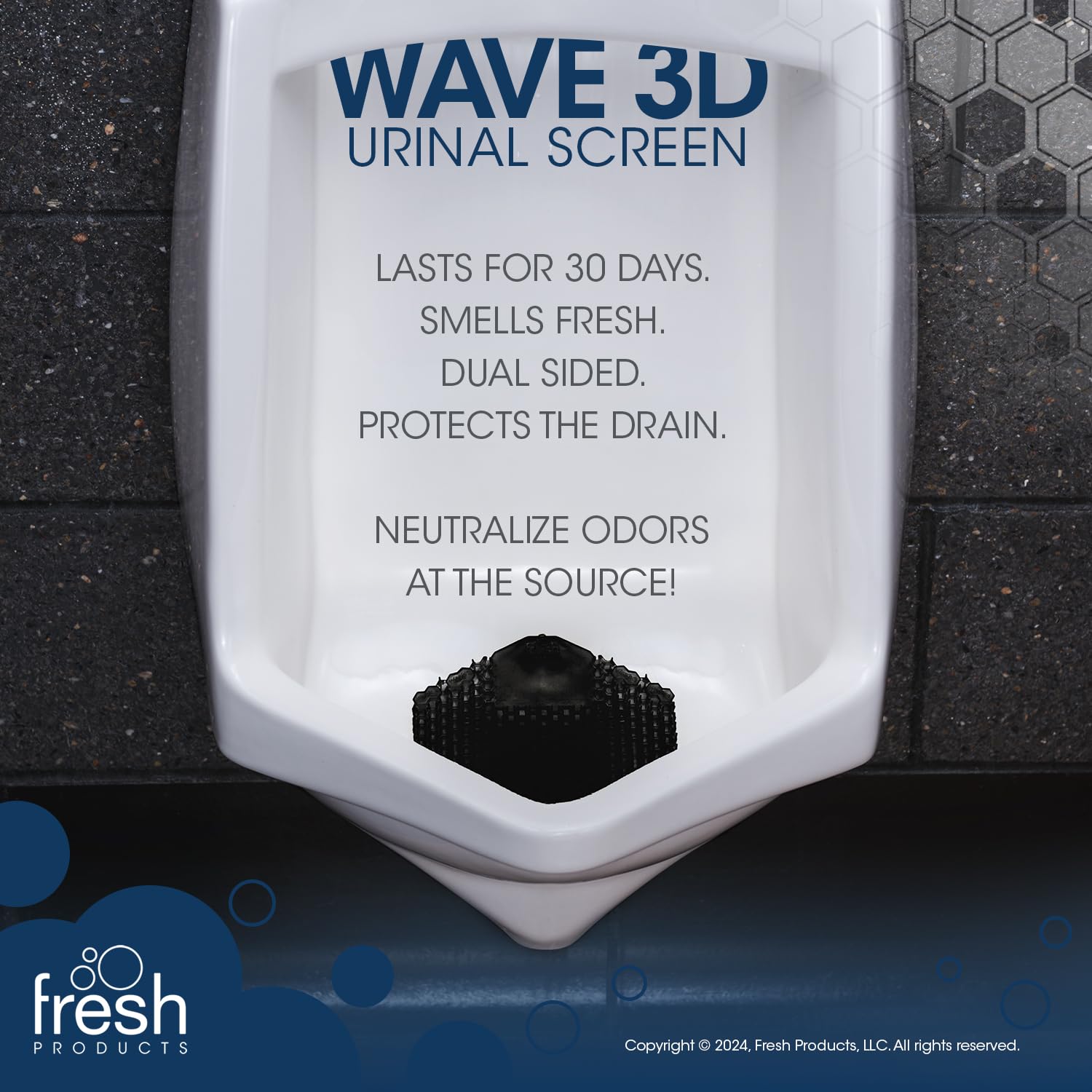 Fresh Products Wave 3D, praktycznie eliminuje rozpryski moczu, 30-dniowe użytkowanie, łatwa instalacja, korzystne bakterie, stały zapach — Midnight Coast, czarny, wyprodukowano w USA, 10 szt. ekranów