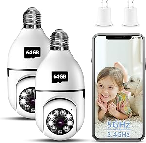 Light Bulb Security Camera, 1080P Light Socket Security Camera for Light Bulb Pet Camera with Motion Detection & Night Vision (2Pack 5GHz&2.4GHz with 2x64GB SD Card) asin的图片