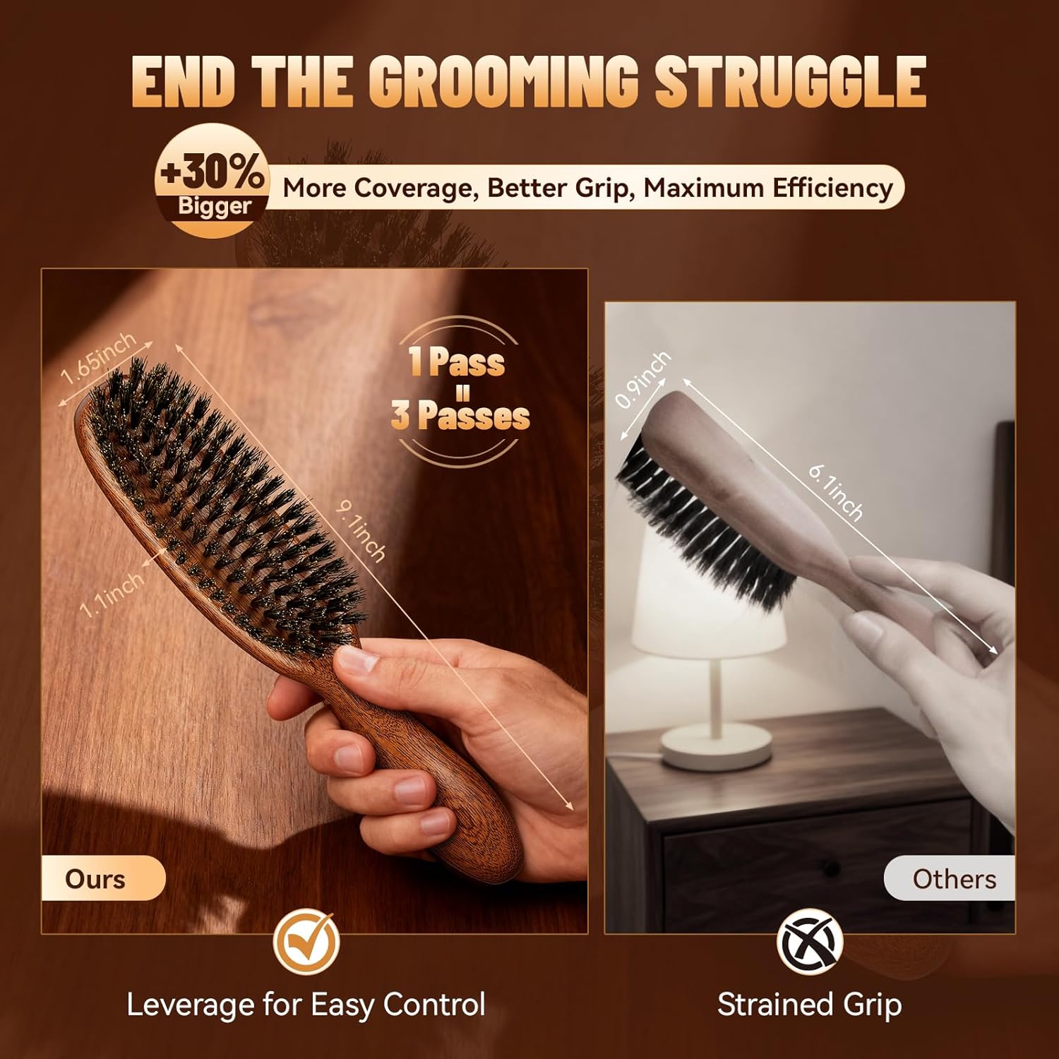 Hair and Beard Brush Kit for Men with Natural Boar Bristles and Sapele Wood Ergonomic Handle, Mustache Comb Grooming Gift for Thin Fine Hair Growth, Detangle, Smoothing, Taming, 9.1 Inches