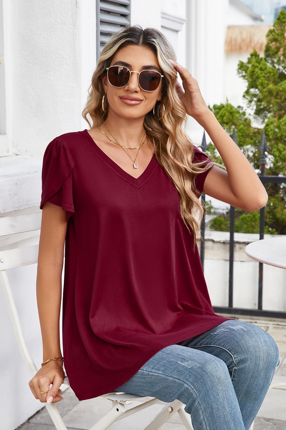 Enmain Camiseta Mujer Manga Corta Blusa Cuello en V Más Tamaño Túnica Túnica Tops Elegante Tulipán Manga Swing Tops