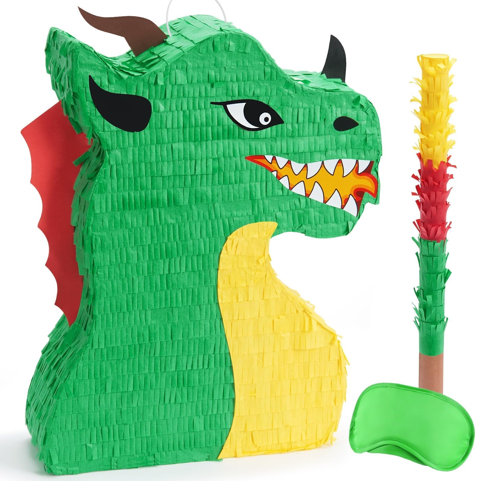 WERNNSAI Drache Pinata – Drach Geburtstags Piñata Deko Junge Kinder Drachen Pinata mit Augenbinde Stock Drachen Geburtstagsparty Dekorationen Kindergeburtstag Dino Karneval Partyspiel Zubehör Grün
