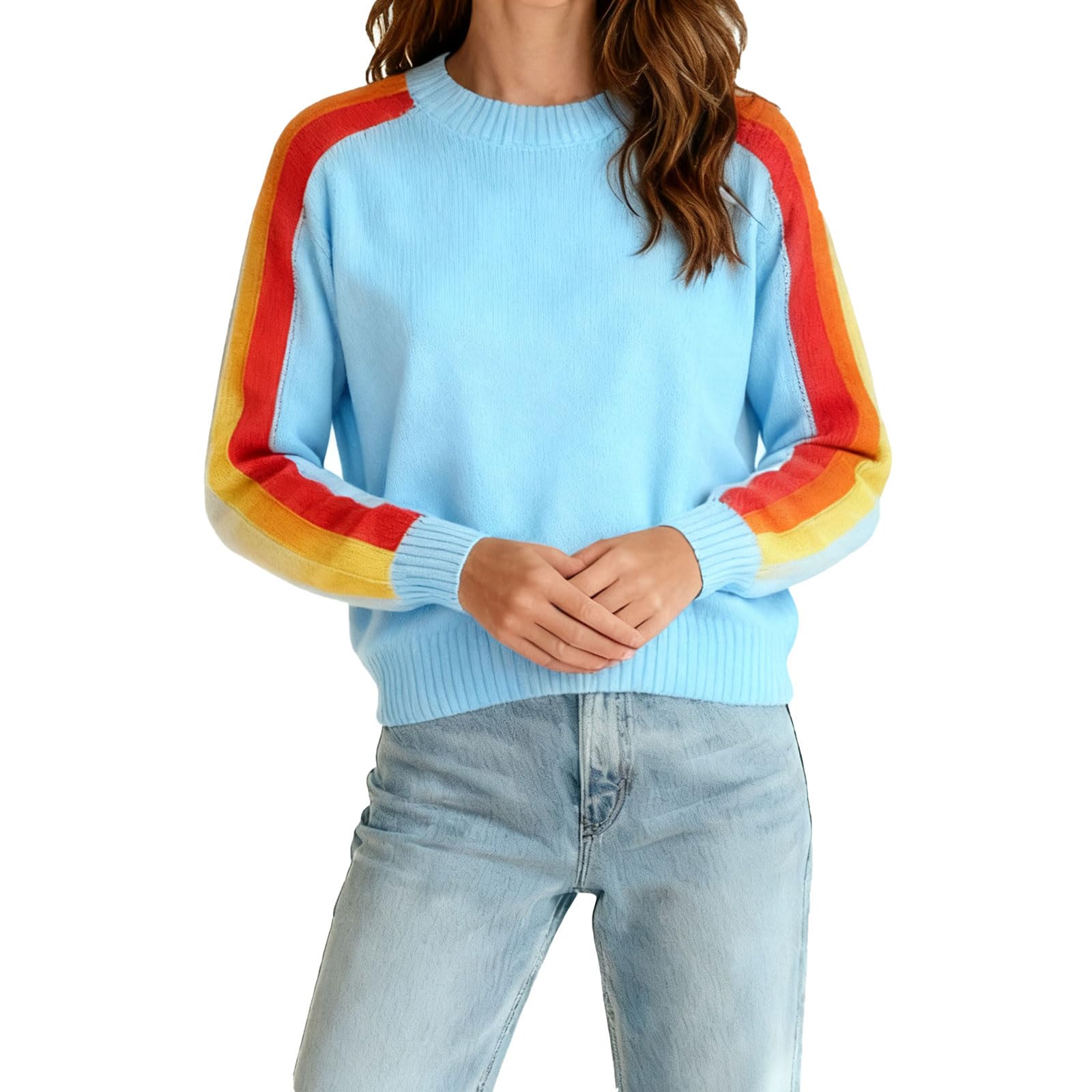 Womens Retro Rainbow Stripe Crew Neck Sweater Light Color Knit Pullover with Multicolor Sleeve Detail Long Sleeve