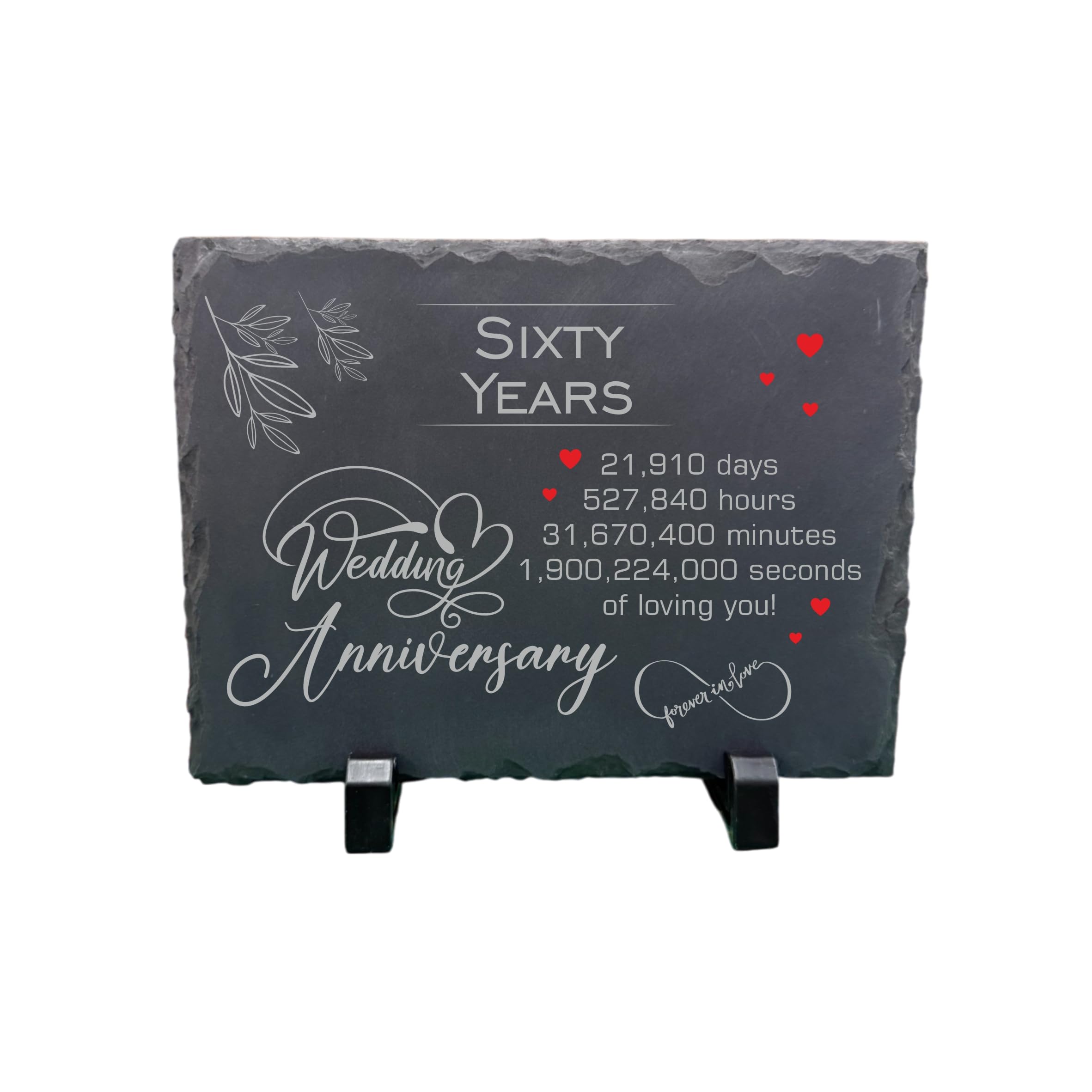 60th Wedding Anniversary Slate – Handcrafted Natural Stone Plaque with Stand – Romantic Sixty Year Keepsake – 21,910 Days of Love – Forever in Love Design - 20cm x 15cm