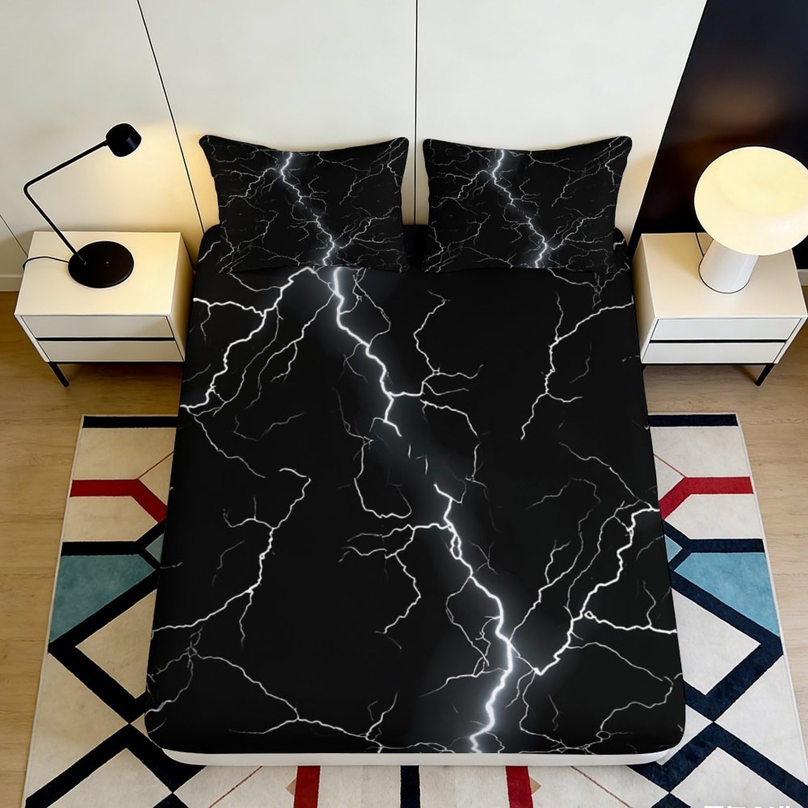 3D Printed Lightning Black Fitted Sheet Microfiber Soft Breathable Thunder Bed Cover for Bedroom Guest Room Decor Mattress Protection 90x200x25cm