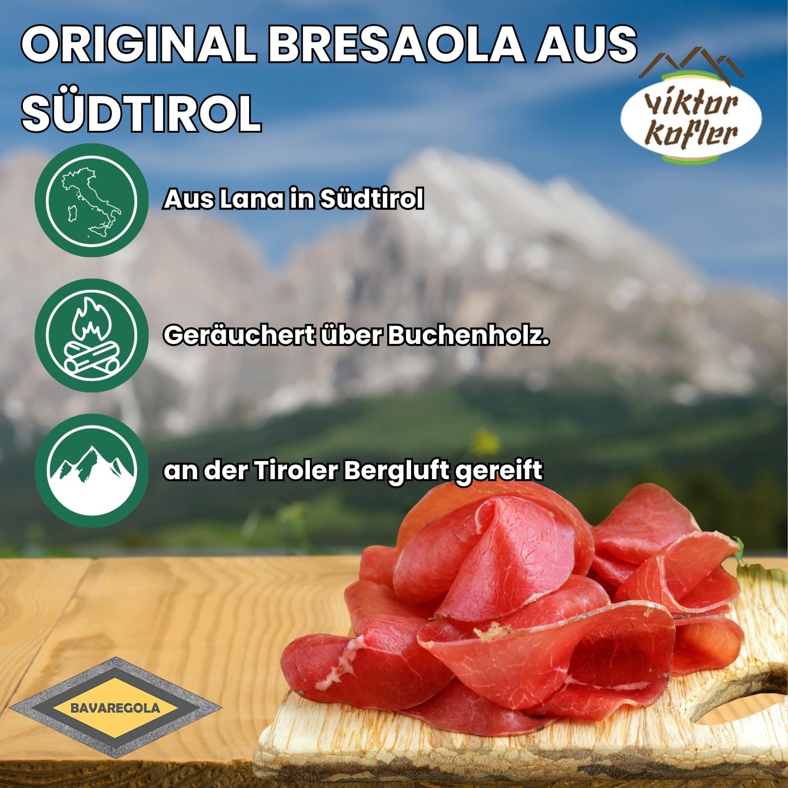 BAVAREGOLA Bresaola Rinderschinken luftgetrocknet aus Italien 300g - Italienischer Schinken am Stück - Südtiroler Spezialität von Viktor Kofler/Lana