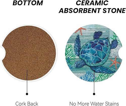 Miniatura 2 de Portavasos de automóvil de tortuga marina, paquete de 2 posavasos de cerámica absorbente para portavasos de automóvil, accesorios de automóvil,