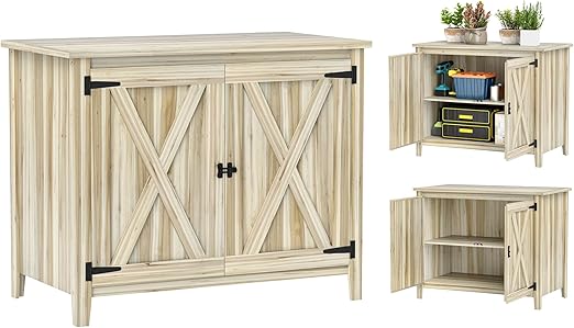 Outsunny Wood Outdoor Storage Cabinet, Compact Garden Shed Potting Shed with Double Doors, Inner Shelf for Lawn, Backyard, Patio, Natural Wood