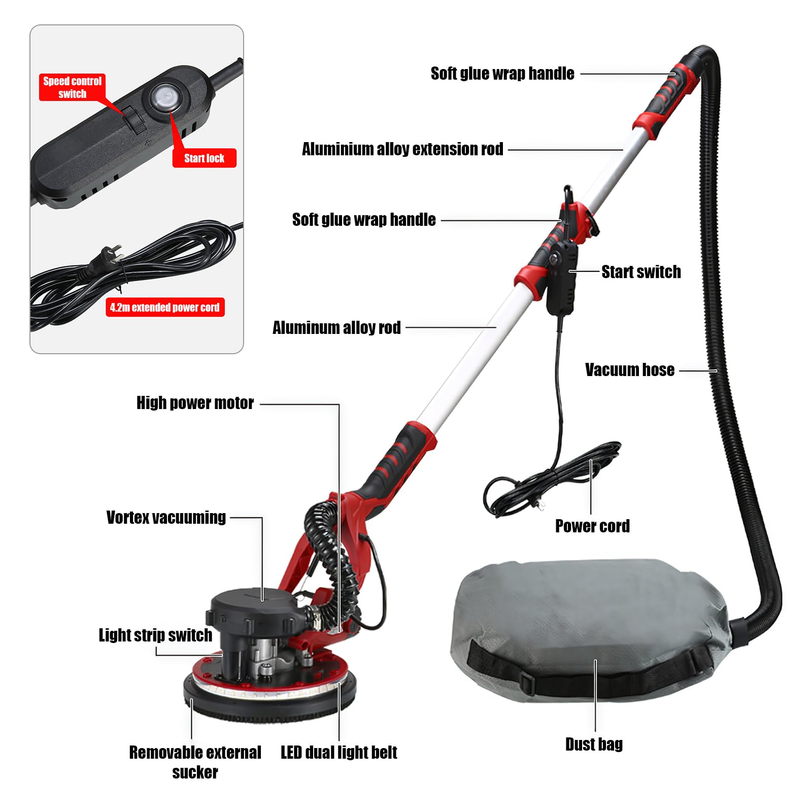 Lijadora Jirafa con Aspirador 800W, Lijadora Pared y Techo, Disco de lijado Ø225 mm, 6 Velocidades Regulables Luz LED, Mango Telescópico,Lijadora Electrica para Placas de Yeso y Obra Seca (Rojo)