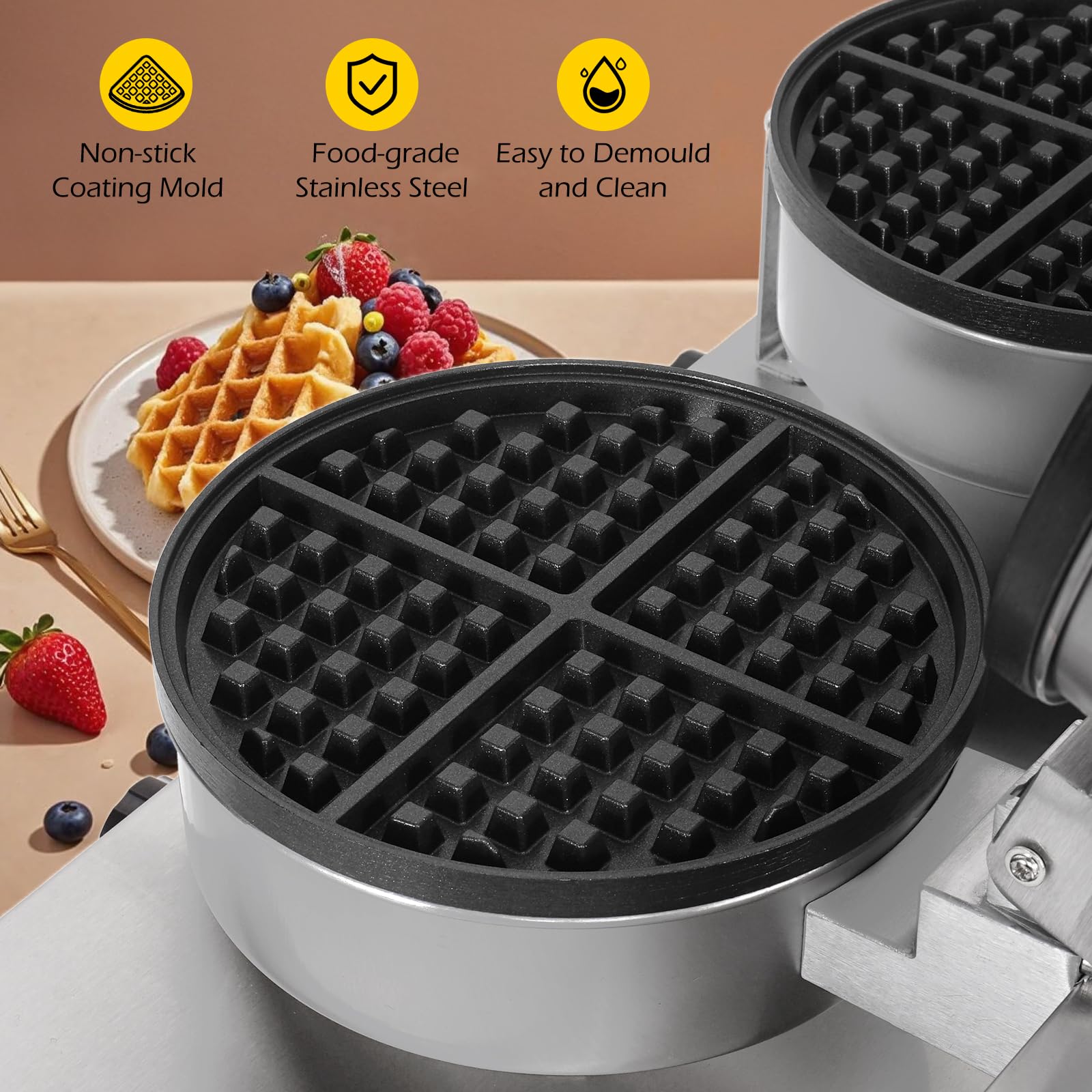 Máquina de gofres doble de 2400 W, para restaurante, antiadherente, redonda, waflera comercial, máquina de gofres grande para hotel, acero inoxidable grueso 2