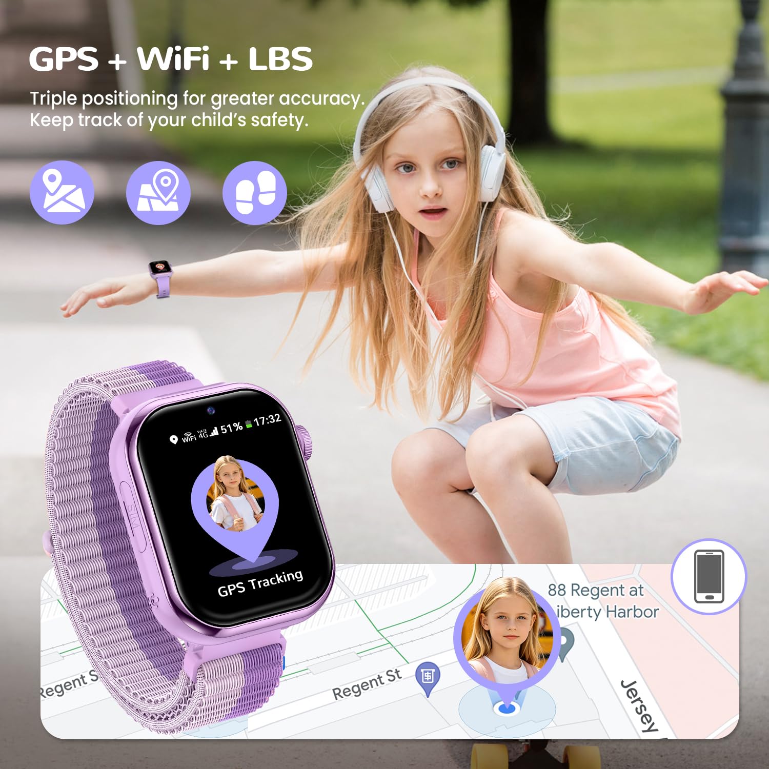 Smartwatch Kinder mit GPS und Telefon, Kinderuhr mit SIM, Videoanrufe, IP68, Lila