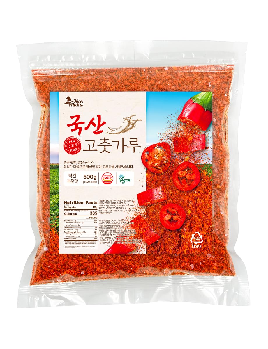NICE WITCH'S 100% Natural Dried Red Pepper Flakes 500g (1.1 lb) – Perfect for Kimchi & Korean Food, Gochugaru, Made in Korea 고춧가루