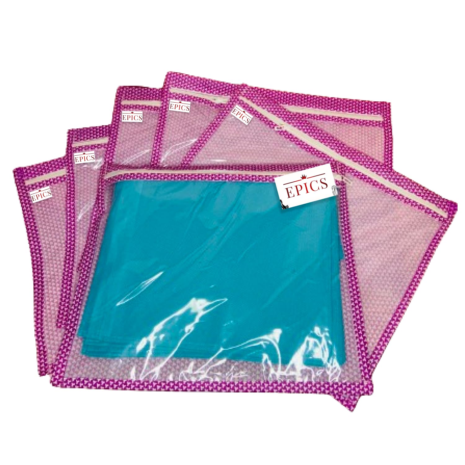 Epics Single Saree Cover Pack of 10 | Suit Bags for Women | Non-Woven Saree Covers with Zip Transparent | Suit Packing Bags for Wedding | Pink with Dot Design