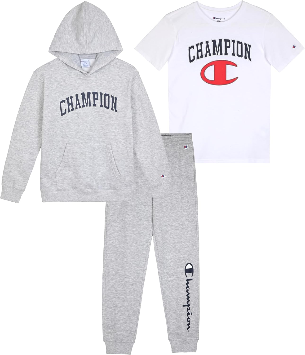 Champion Boys' Jogger Set 3 Piece Clothing Set With Graphic Tee Fleece Hoodie and Sweatpants