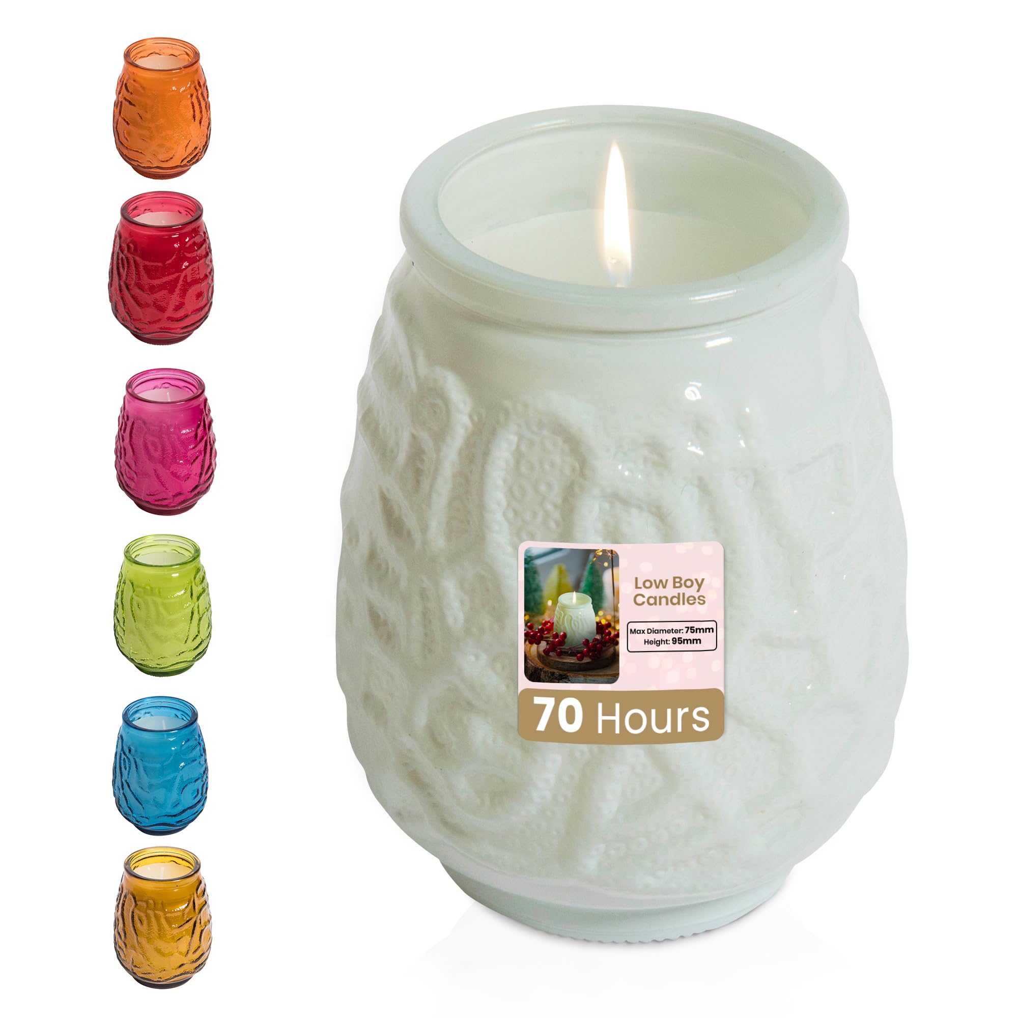 We Can Source It Ltd – 24 x Low Boy Glass Jar Candles with 70 Hour Burn Time – White Wax Jars for Home, Garden, Restaurant & Commercial Use – Lead-Free Cotton Wick