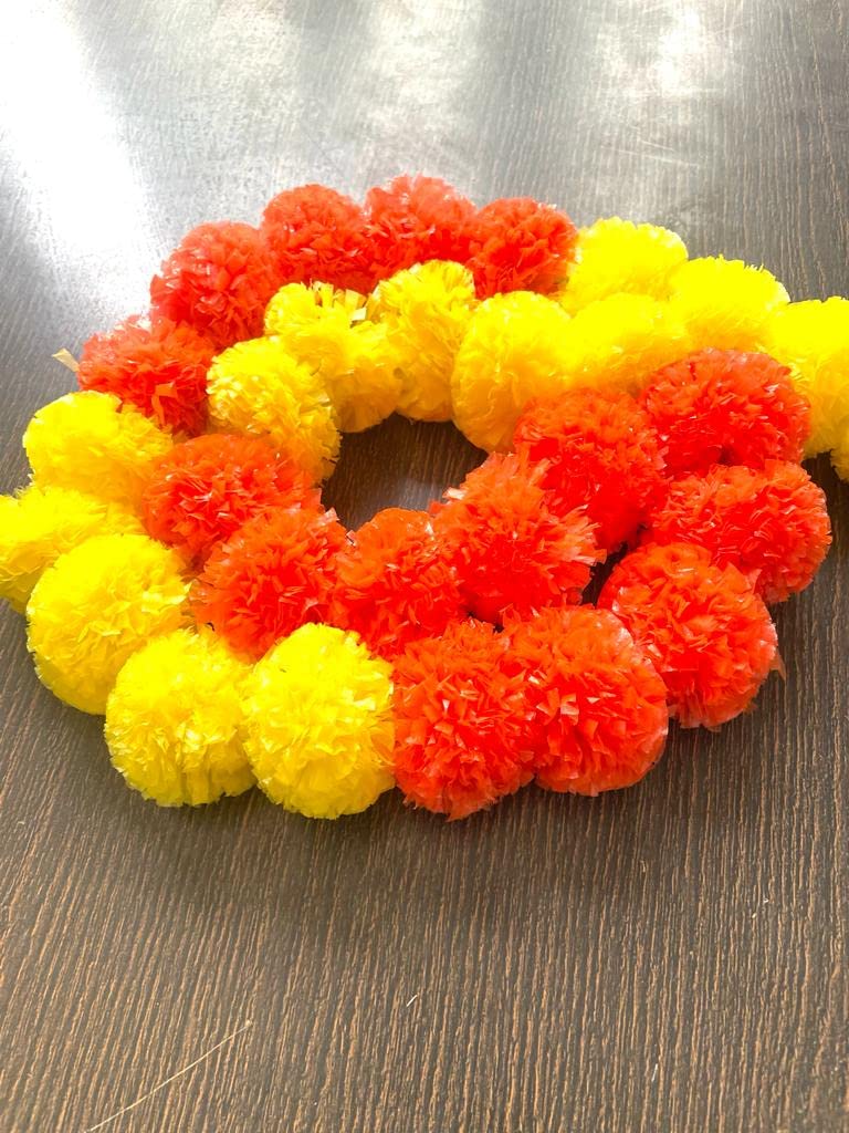SPHINX Artificial Marigold Fluffy Flowers Garlands for Decoration - Pack of 5 (Yellow and Dark Orange Patterned) 1