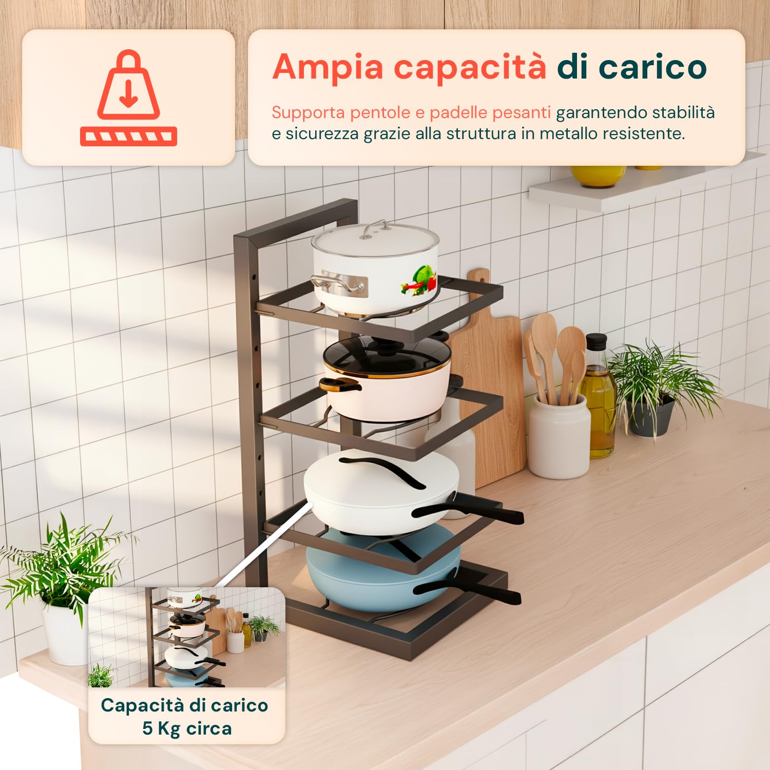 Avilia – Scaffale Metallo 4 Ripiani Regolabili – Organizer Multiuso Cucina - Pentole, Padelle e Piatti - Alzatina Salvaspazio per Dispensa e Piano di Lavoro, 5kg Capacità