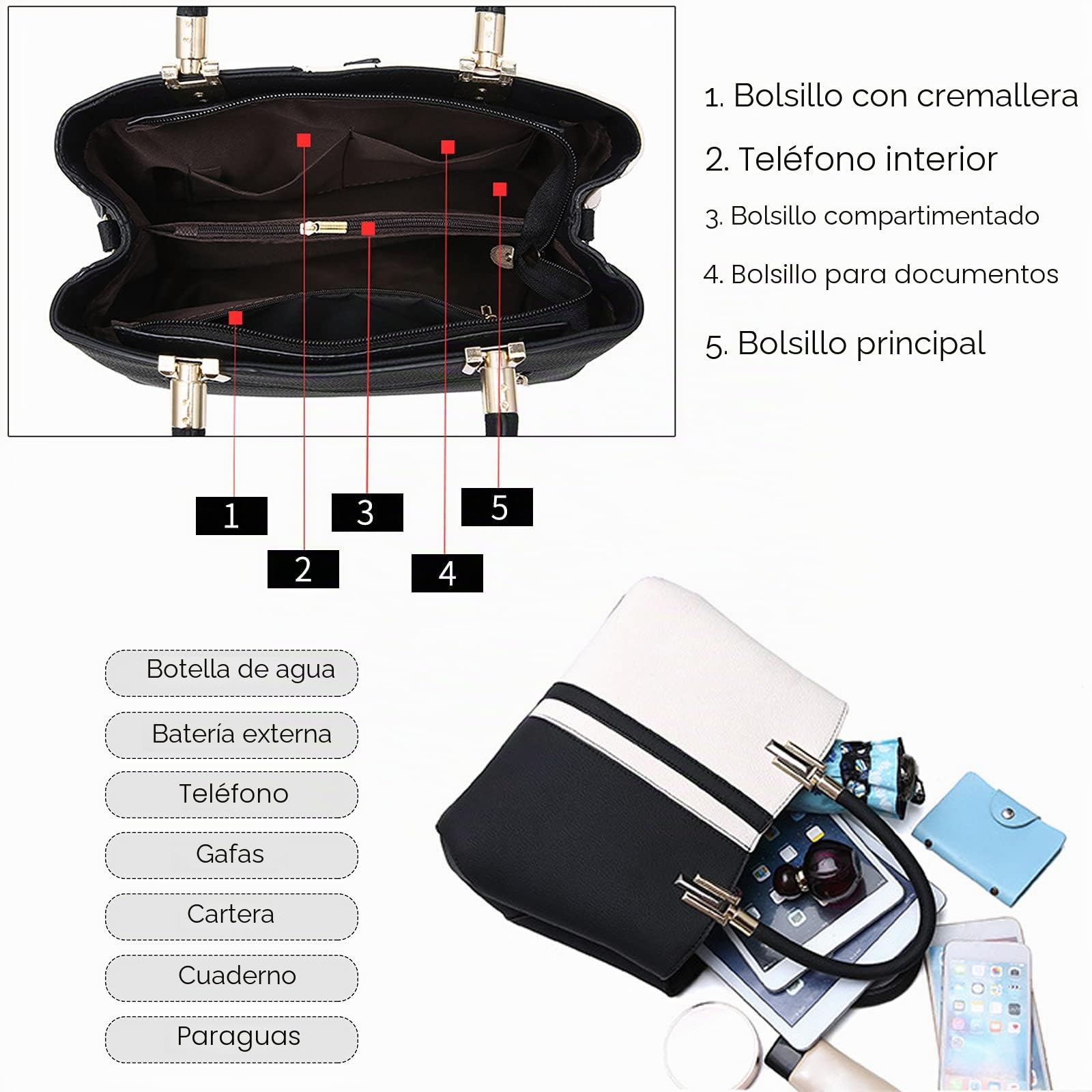 FANDARE - Bolso de mano para mujer, estilo bandolera, piel sintética, impermeable, para compras, fiesta, viaje, bolso de hombro, caqui, large, Elegante