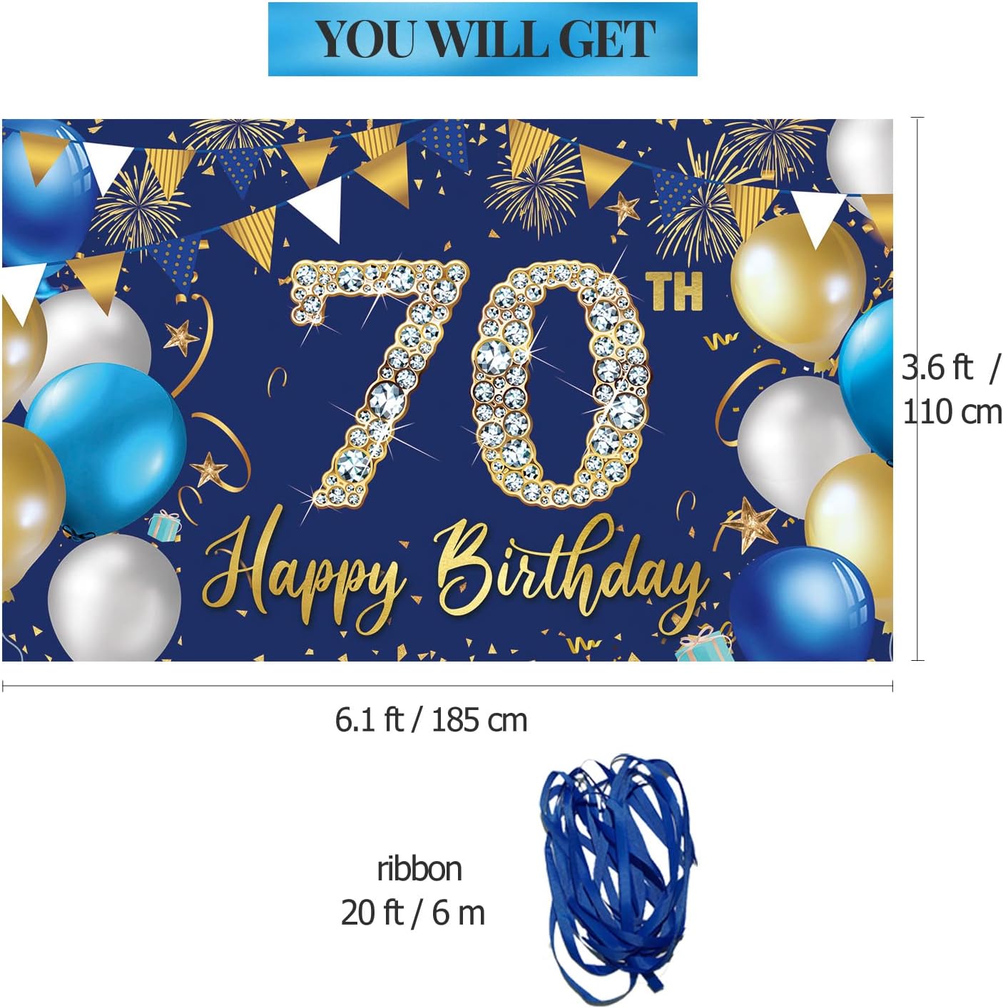 70th Birthday Decorations Backdrop Banner for Men, Happy 70th Birthday Decorations Men, Blue Birthday Photography Background, 70 Year Old Birthday Party Sign Poster Decor Fabric 6.1ft x 3.6ft PHXEY - Image 2