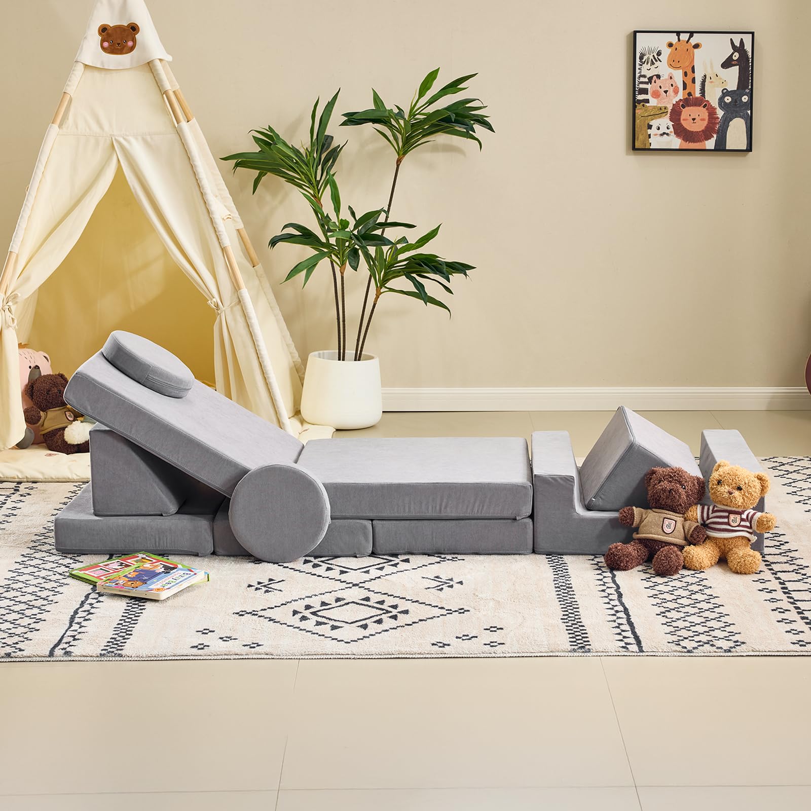 LALAHO Kindersofa Spielsofa für Kinder aus Kordsamt Cord，Klappbar Schaumstoff Bausteine kindercouch & Kindersessel，Vielseitige über Frei Baubare DIY，für Kinder für Spielzimmer，Schlafzimmer Möbel（Grau）