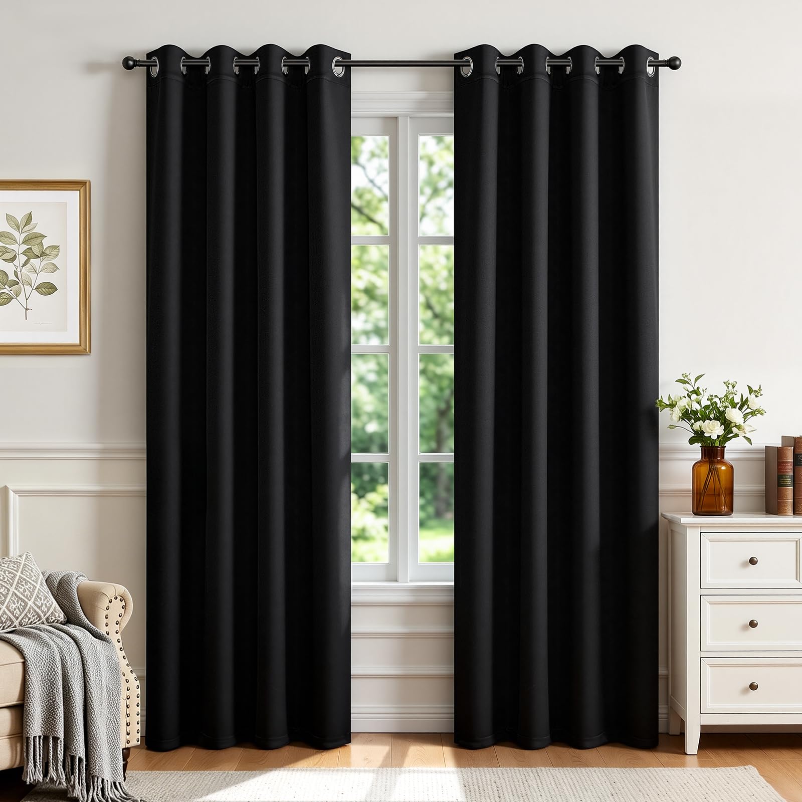 Joydeco Blackout Curtains 84 Inch Length 2 Panels Set, Thermal Insulated Long Curtains& Drapes 2 Burg, Room Darkening Grommet Drapes for Bedroom Living Room Window (Black, W52 x L84 Inch)