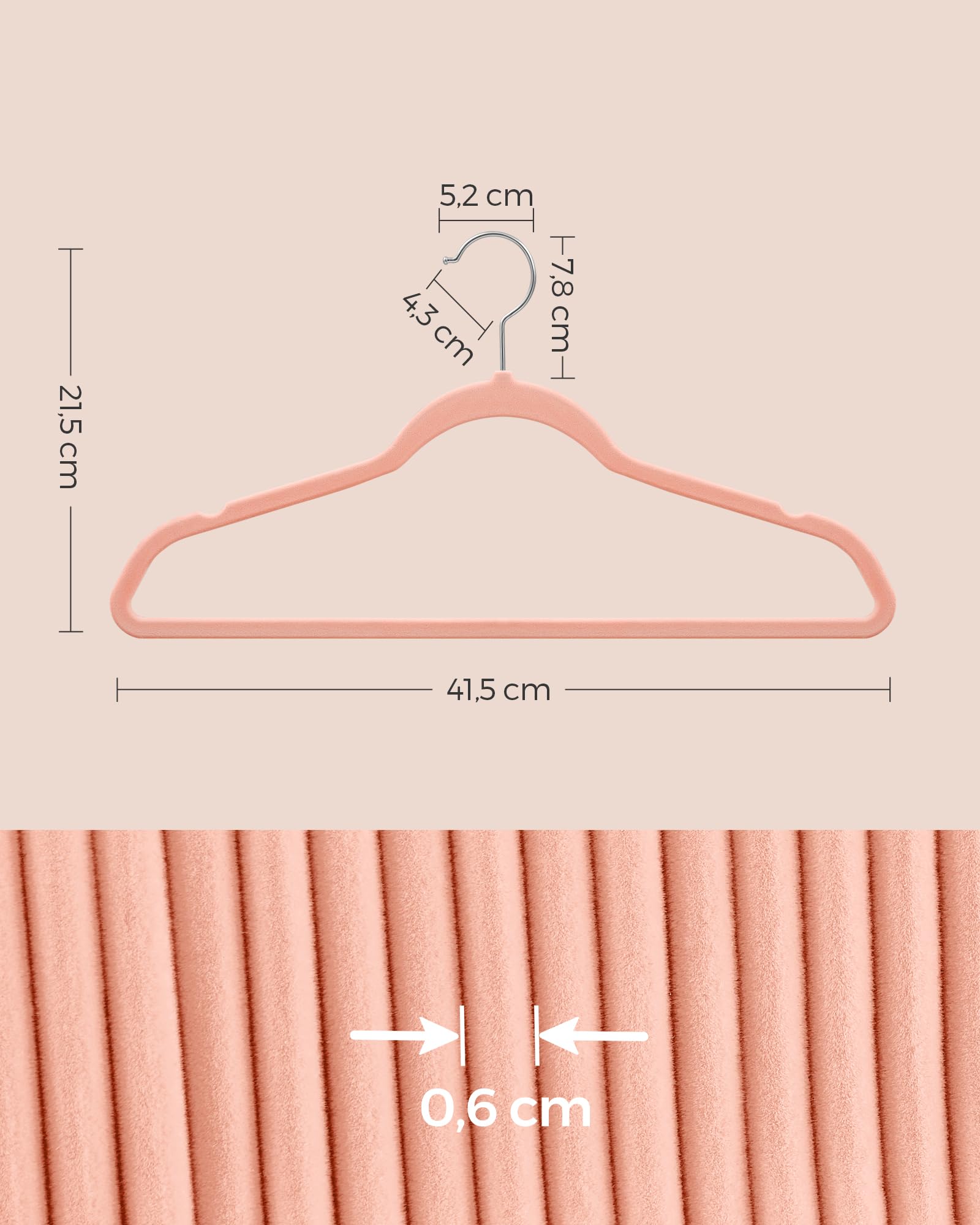 SONGMICS Wieszak na ubrania, aksamitny, zestaw 20 szt., wieszak na kurtkę, szerokość 41,5 cm, cienki, dobrze obciążalny, obrotowy o 360° hak na płaszcze, koszule i garnitury, jasnoróżowy CRF026R20