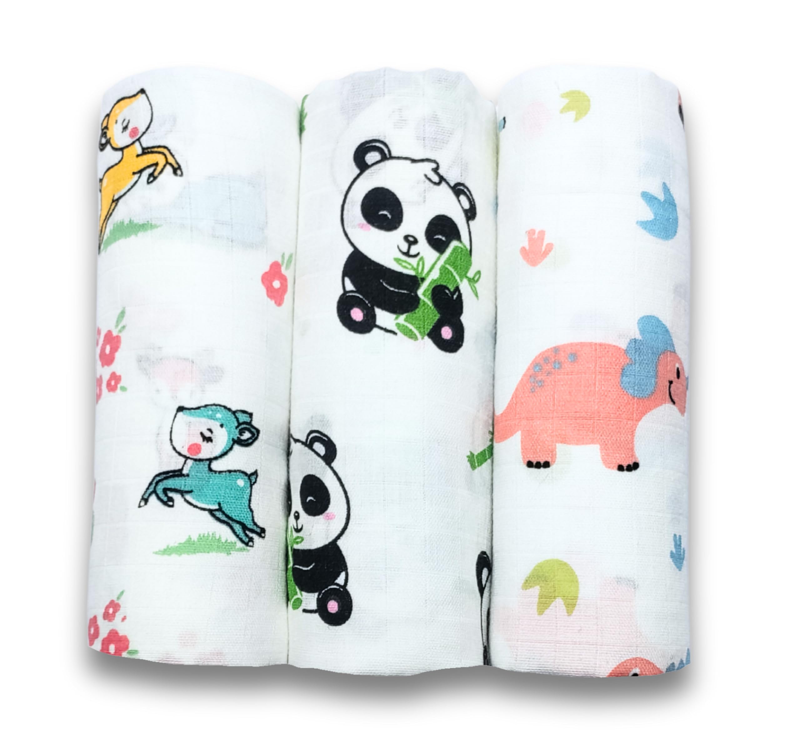 Momly U Cotton Baby Swaddle Set | Pack of 3 | Size-100cm x 100cm Deer Panda Dinosaur Printed on White | 0-18 Month+ | Printed Muslin Swaddle Wrap for New Born Baby-image-17