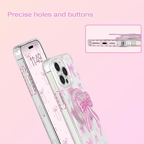 Miniatura 3 de Funda magnética para iPhone 16e, funda magnética 3D rosa con lazo, bonito diseño estético de lazo transparente rosa, funda protectora transparente