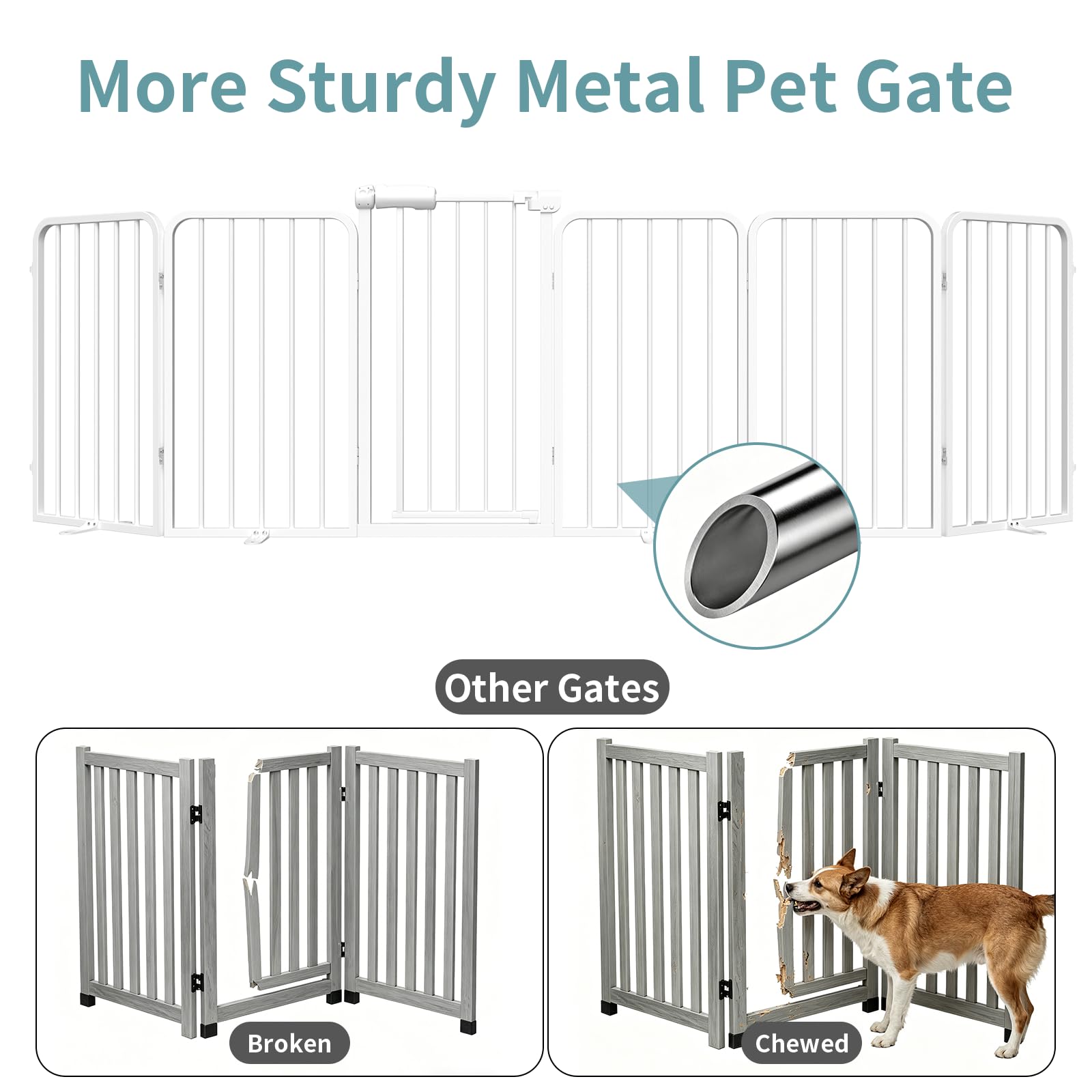 Xifamniy Freistehendes Hundegitter mit Tür, faltbarer Metallzaun, für drinnen und draußen, extra breit, 6 Paneele, 76,2 cm hoch, 274,4 cm breit, mit Stützfüßen für Türen, Weiß