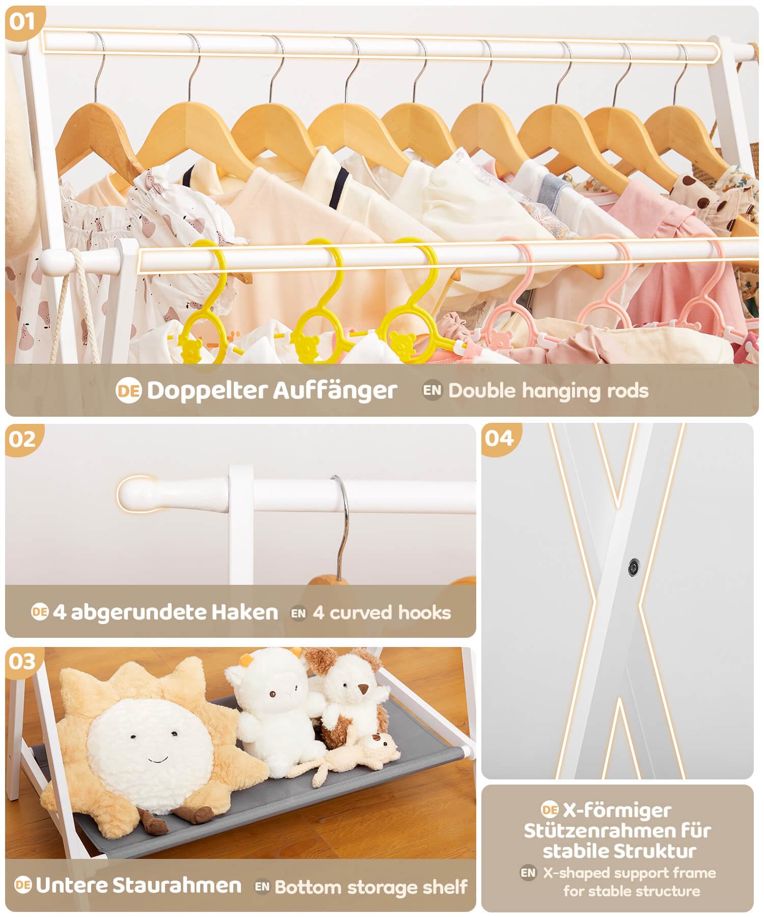 Yorbay Kinderkledingrek, bamboe, garderobestand, verstelbare dubbele stang, kindergarderobe met etages, opbergrek, ruimtebesparende kledingstandaard met kledingstang voor slaapkamer (wit